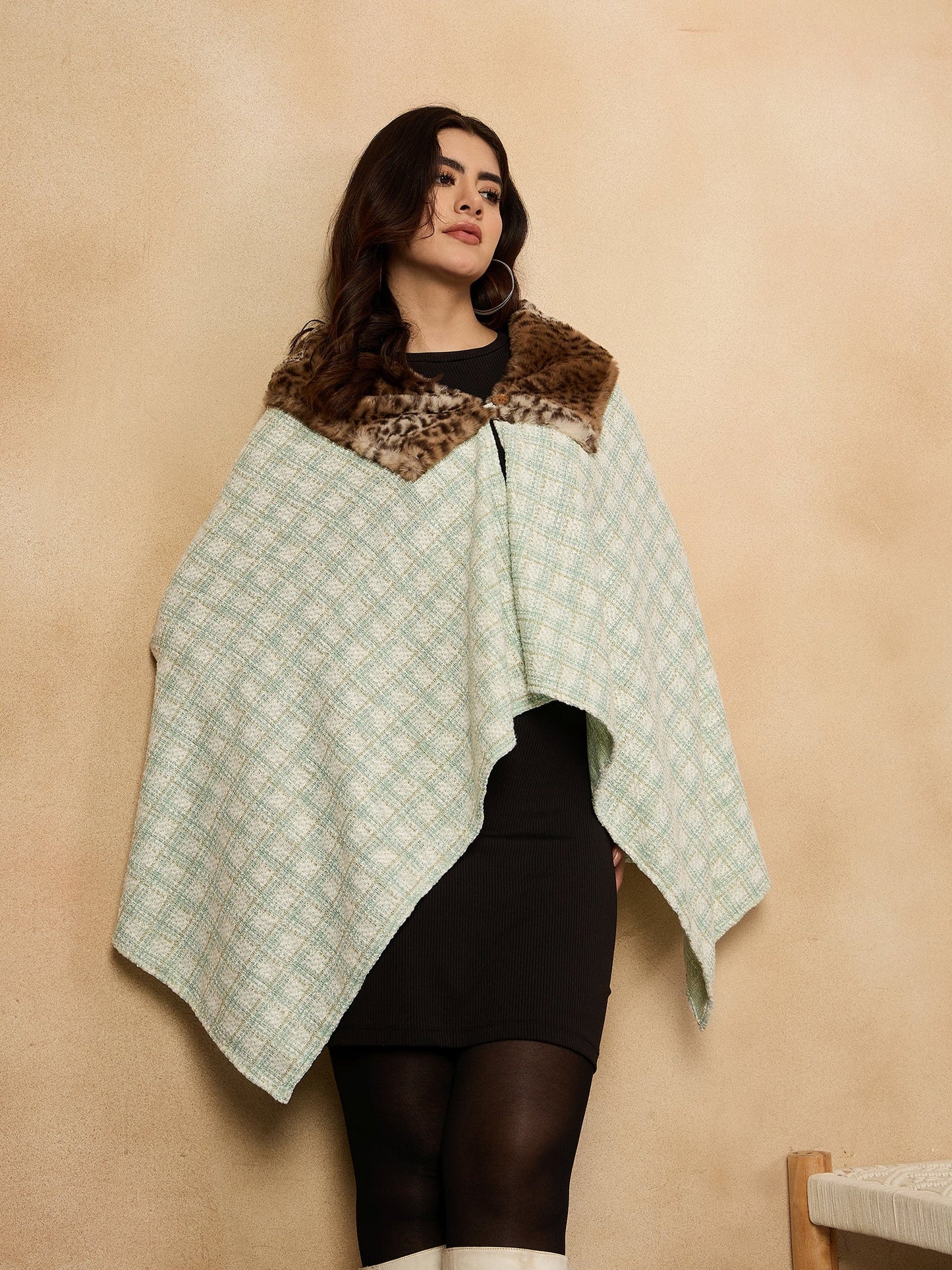 InWeave Green White Big Check Acrylic Fur Poncho - Swadesiicart