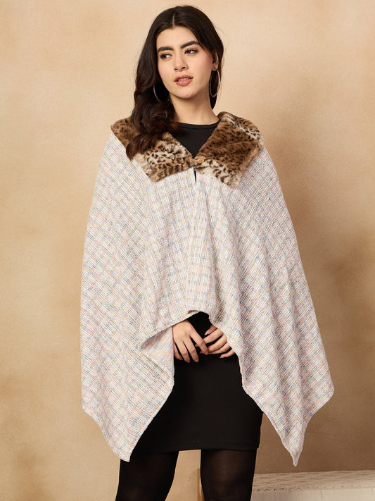 InWeave Multi White Acrylic Fur Poncho - Swadesiicart