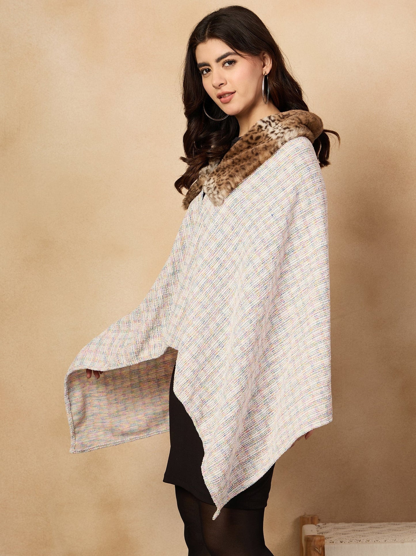 InWeave Multi White Acrylic Fur Poncho - Swadesiicart
