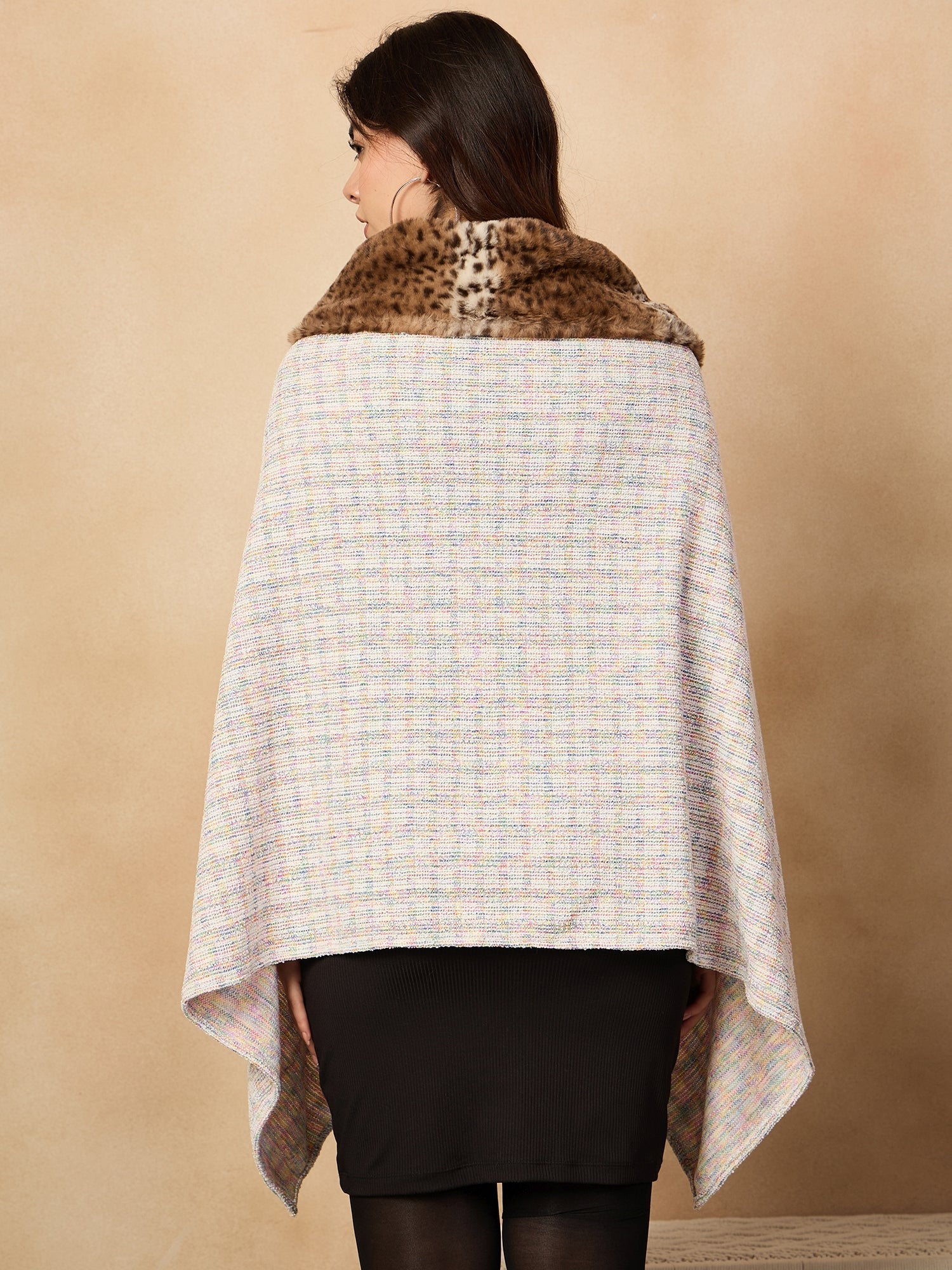 InWeave Multi White Acrylic Fur Poncho - Swadesiicart