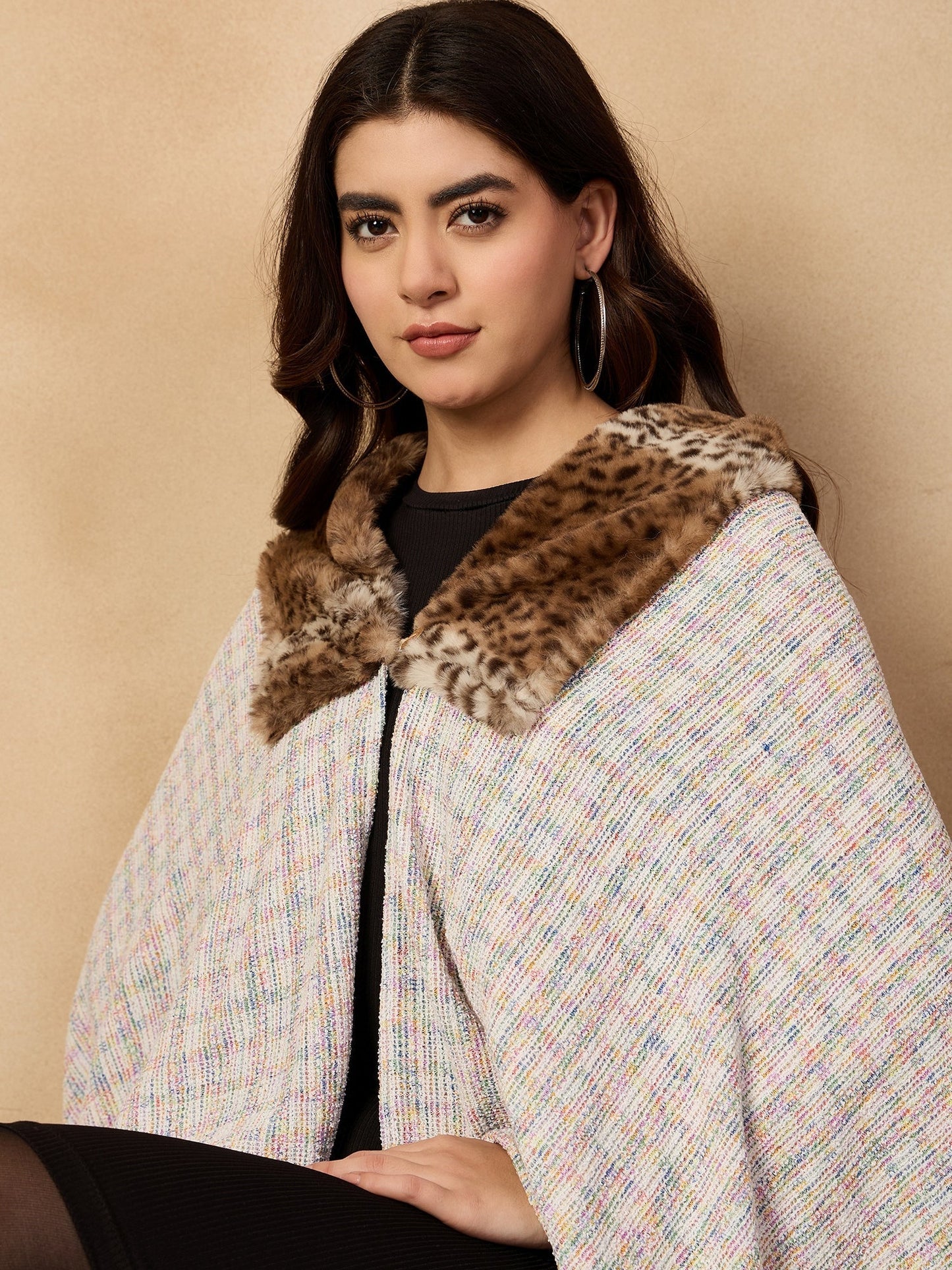 InWeave Multi White Acrylic Fur Poncho - Swadesiicart