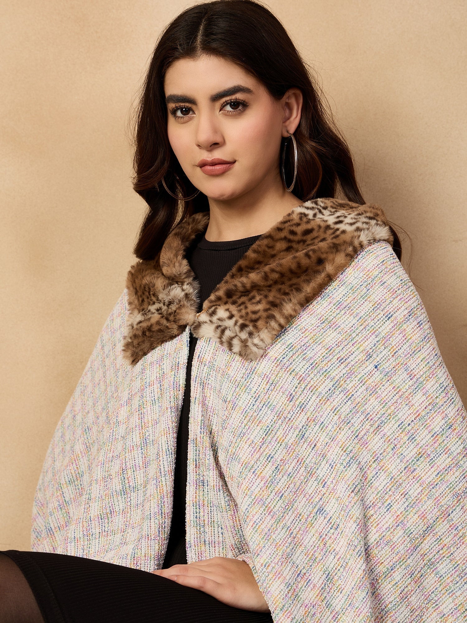 InWeave Multi White Acrylic Fur Poncho - Swadesiicart