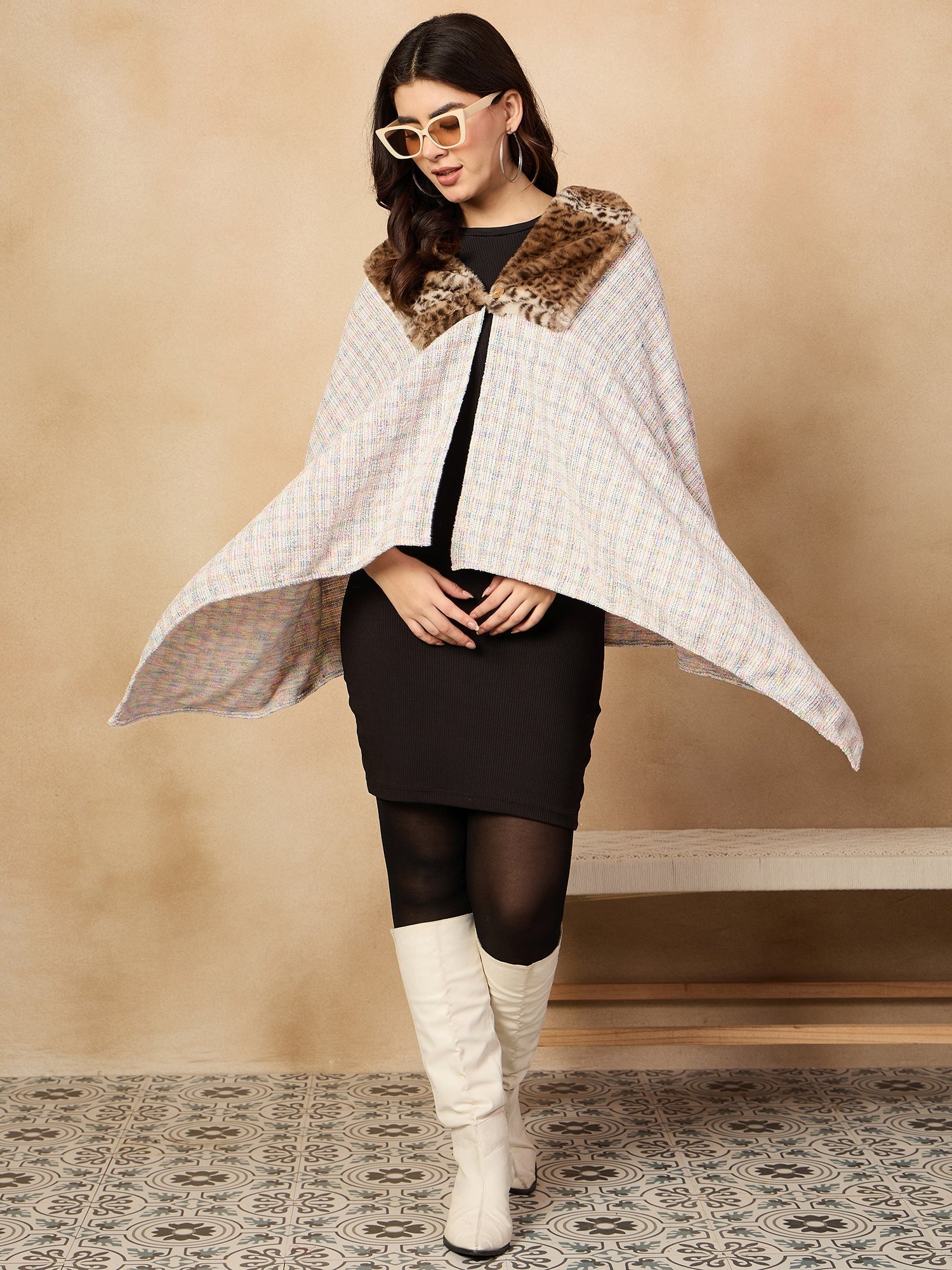 InWeave Multi White Acrylic Fur Poncho - Swadesiicart