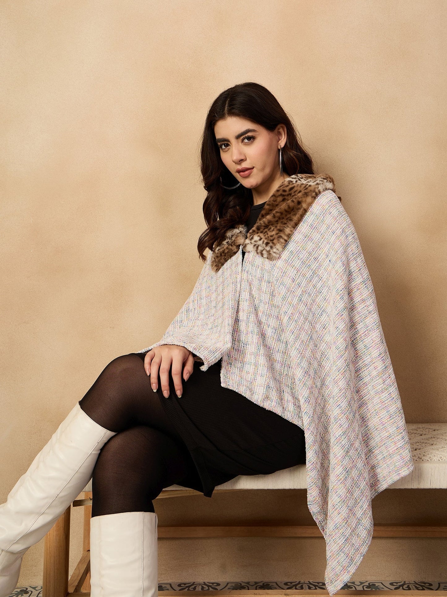 InWeave Multi White Acrylic Fur Poncho - Swadesiicart