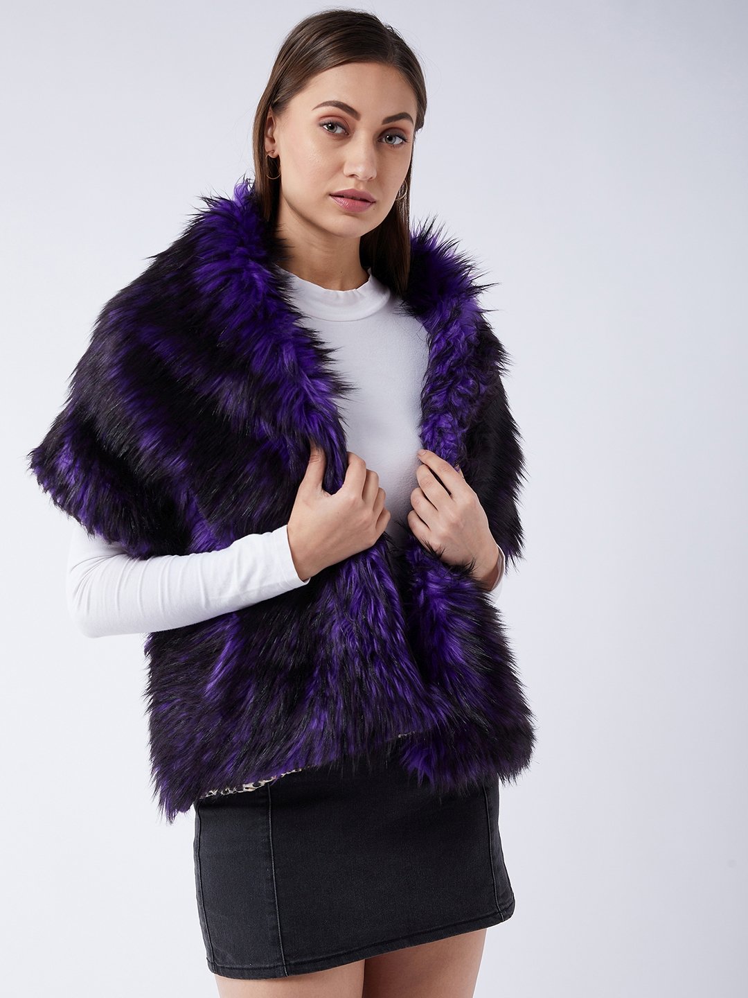 InWeave Purple Black Faux Fur Cape - Swadesiicart