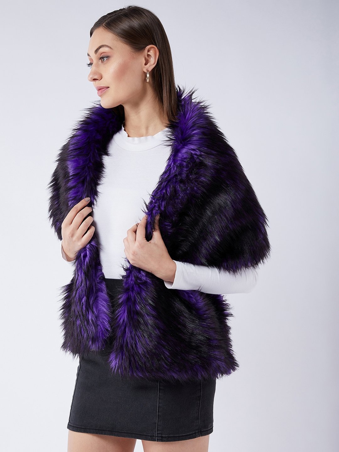 InWeave Purple Black Faux Fur Cape - Swadesiicart
