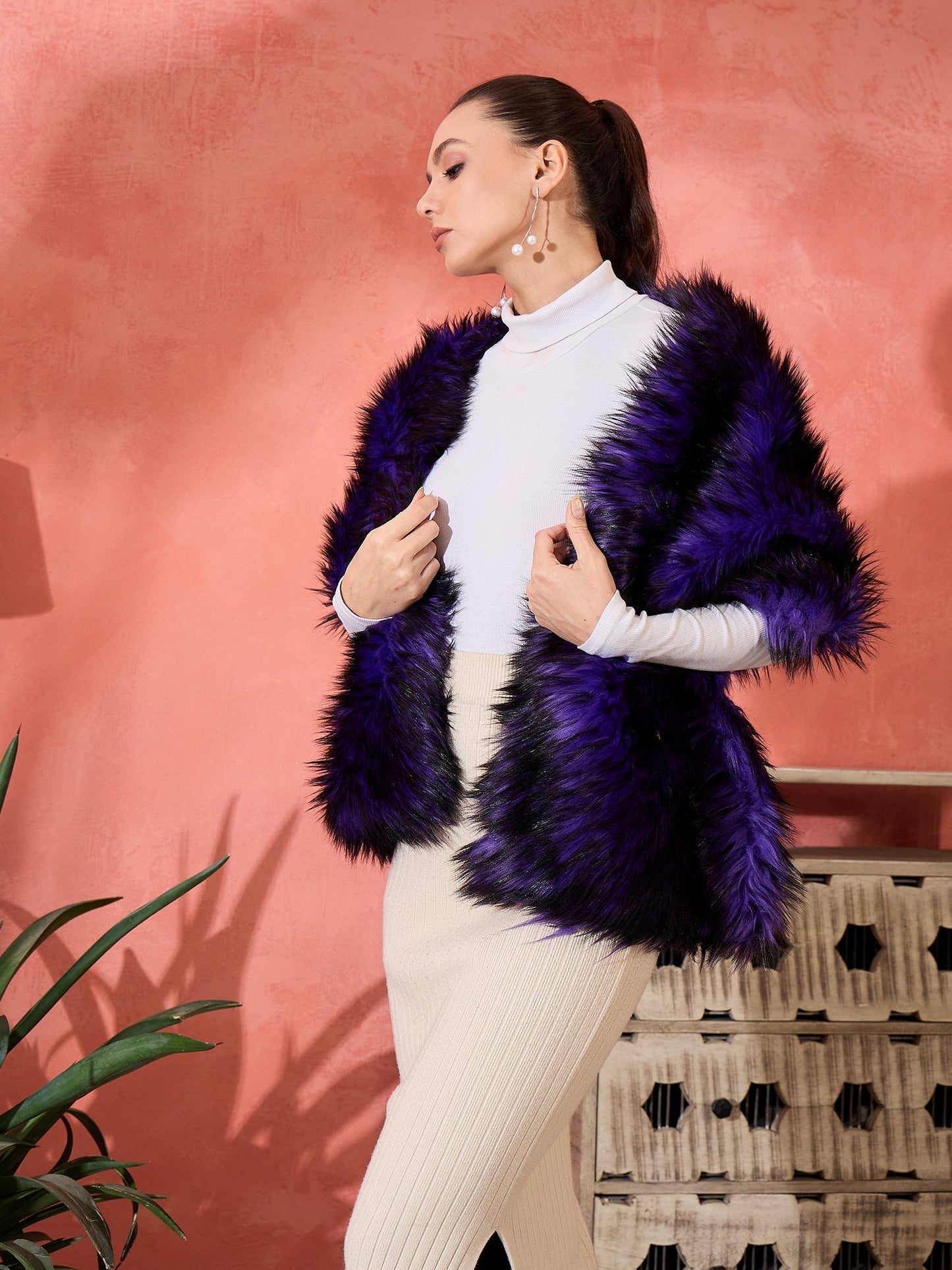 InWeave Purple Black Faux Fur Cape - Swadesiicart