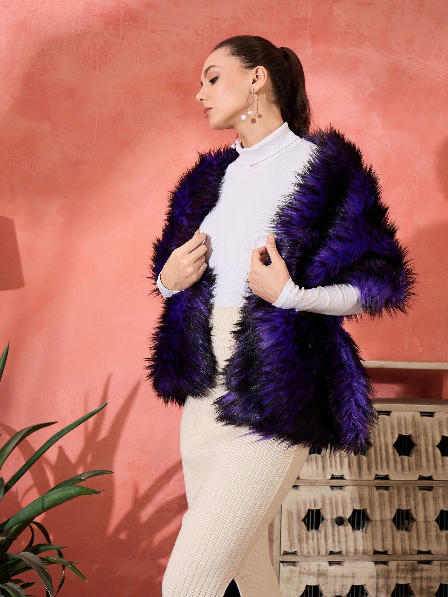 InWeave Purple Black Faux Fur Cape - Swadesiicart