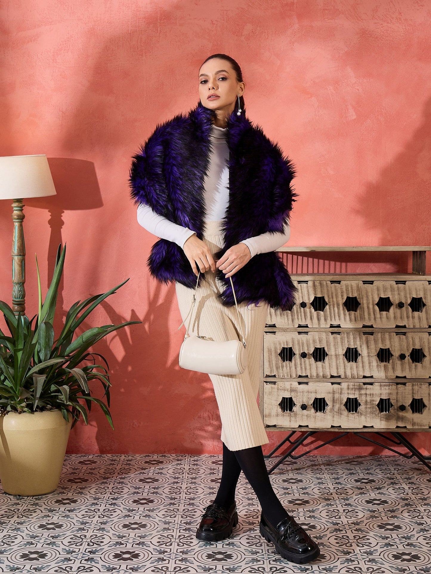InWeave Purple Black Faux Fur Cape - Swadesiicart