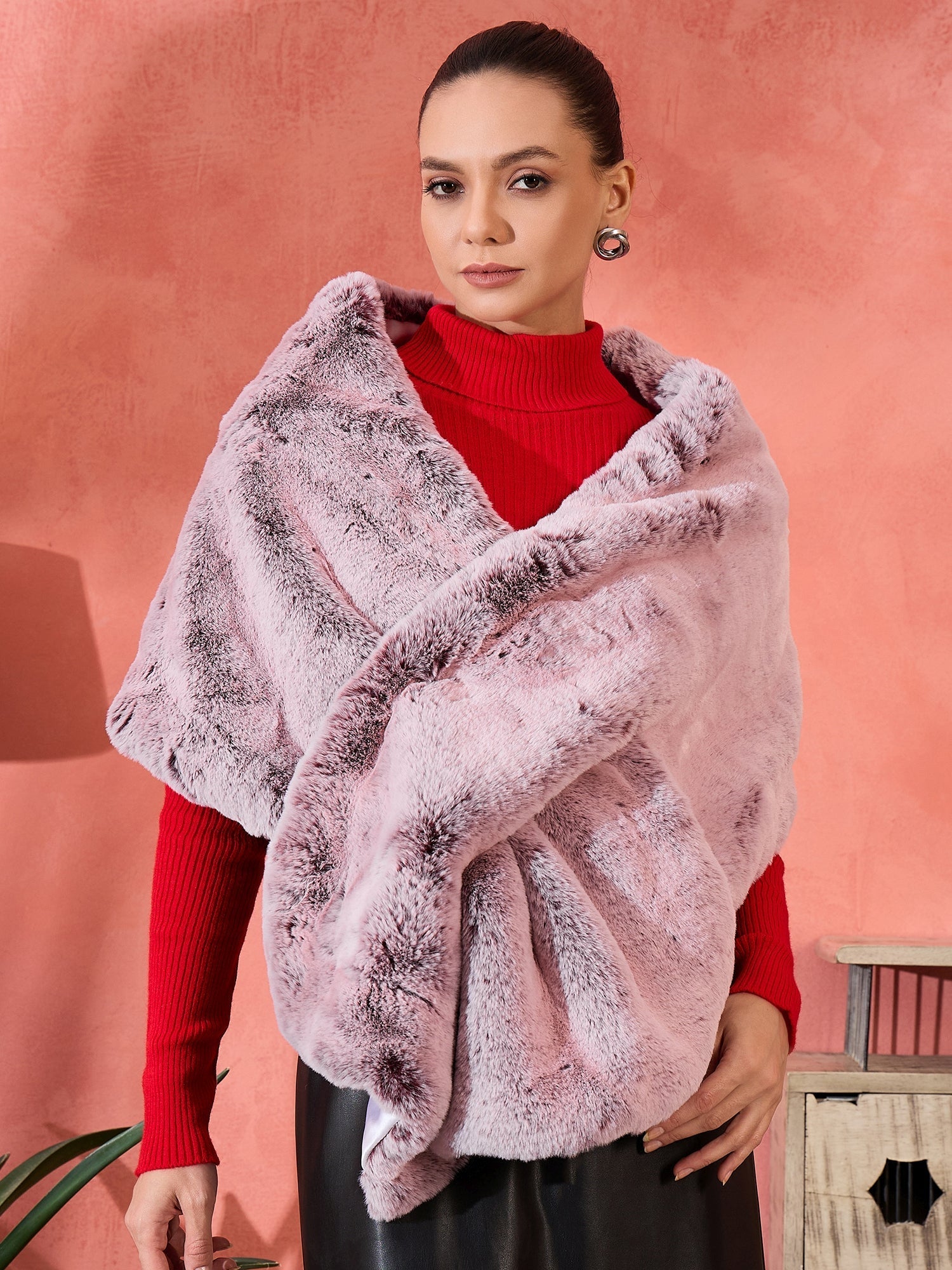 InWeave Maroon Icy Snowy Rabbit Faux Fur Cape - Swadesiicart