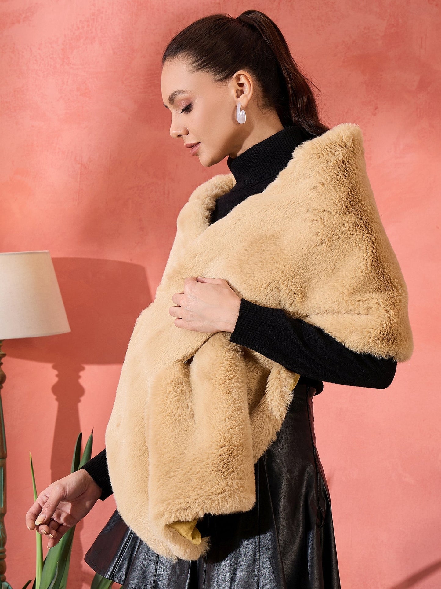 InWeave Beige Rabit Faux Fur Cape - Swadesiicart