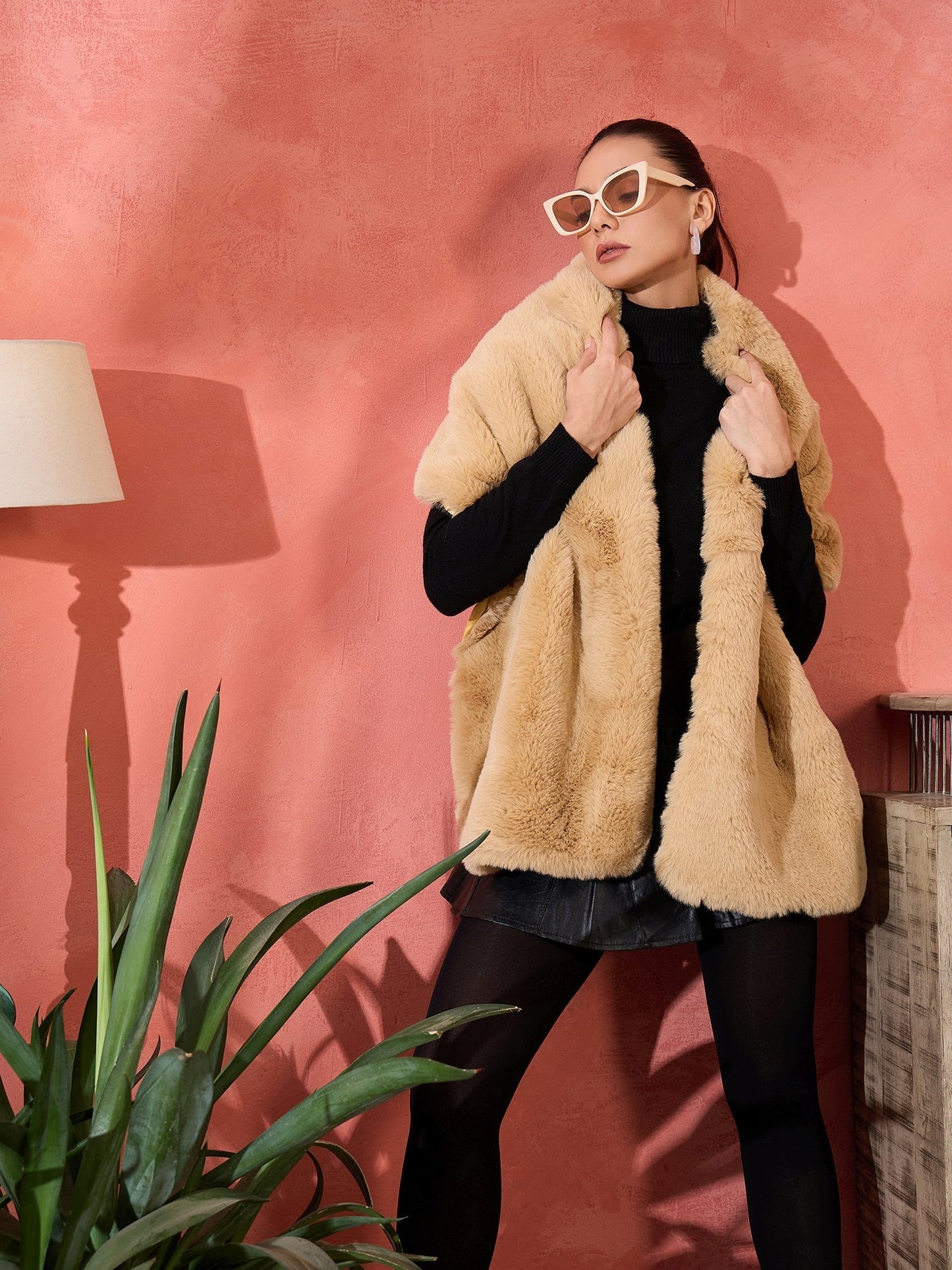 InWeave Beige Rabit Faux Fur Cape - Swadesiicart