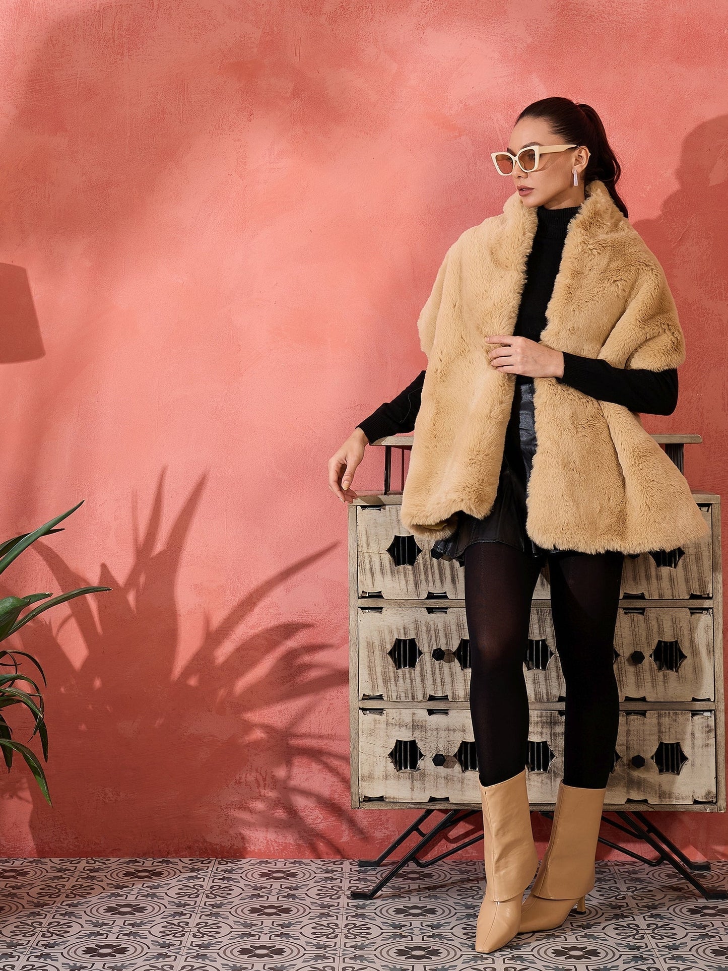 InWeave Beige Rabit Faux Fur Cape - Swadesiicart