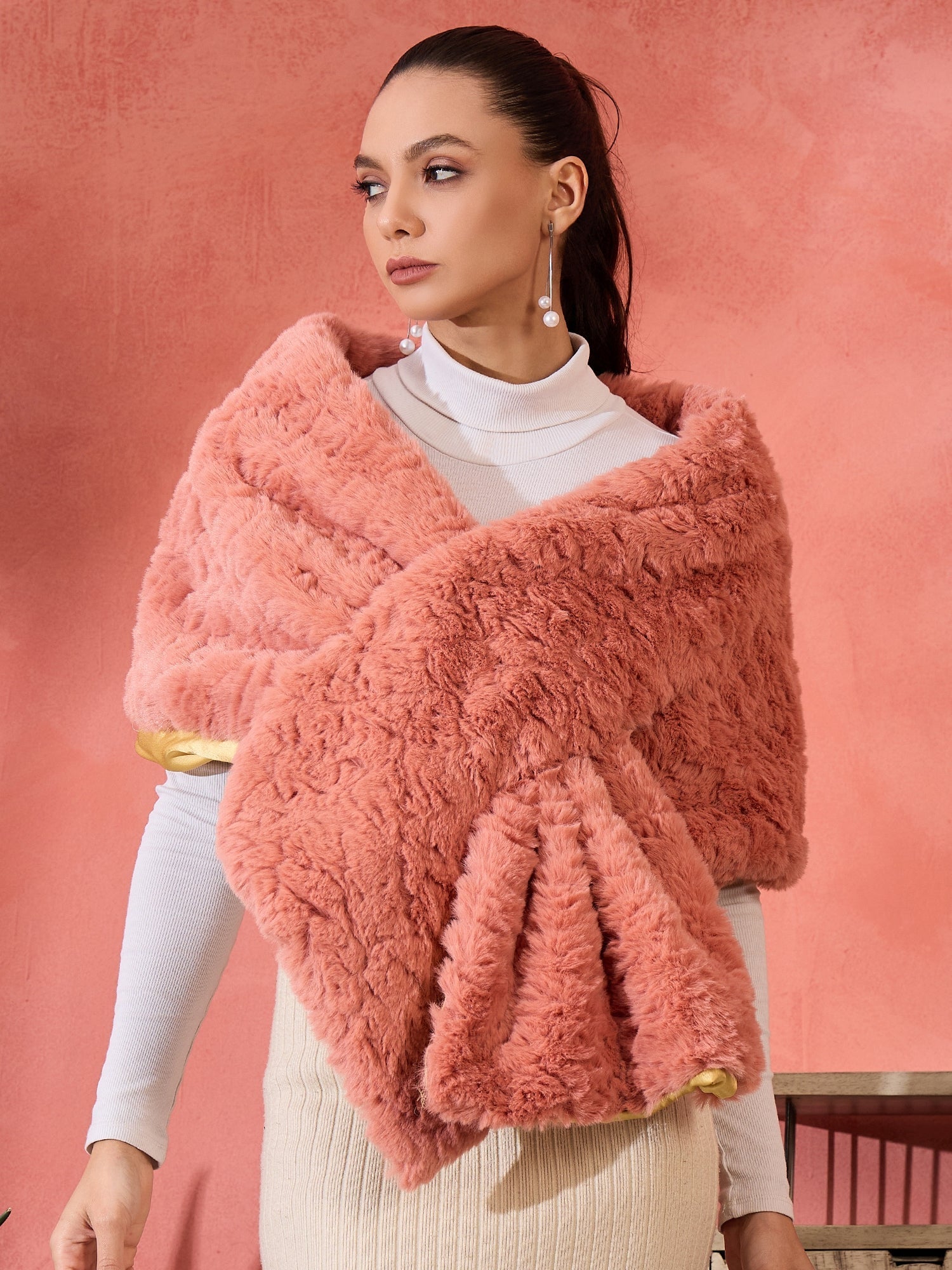InWeave Coral Rabbit Faux Fur Cape - Swadesiicart