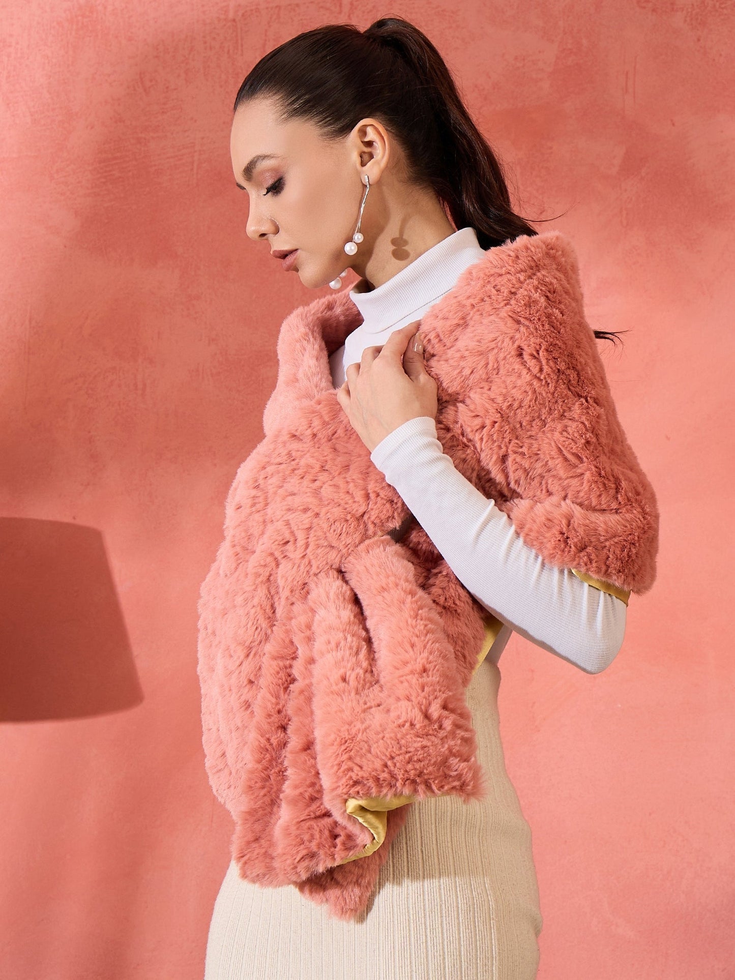 InWeave Coral Rabbit Faux Fur Cape - Swadesiicart