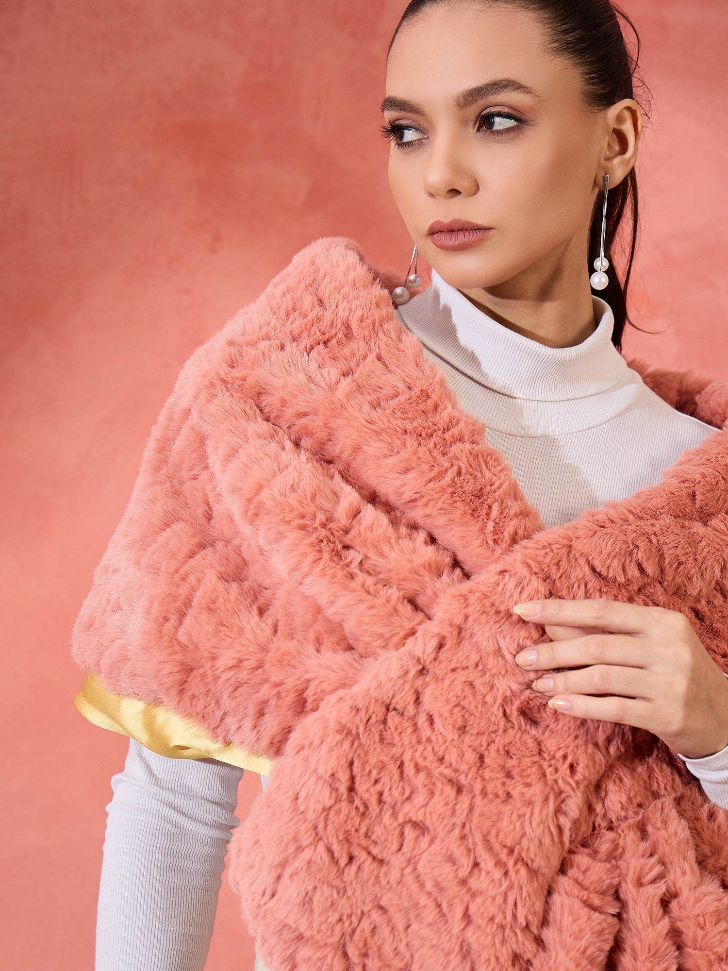 InWeave Coral Rabbit Faux Fur Cape - Swadesiicart