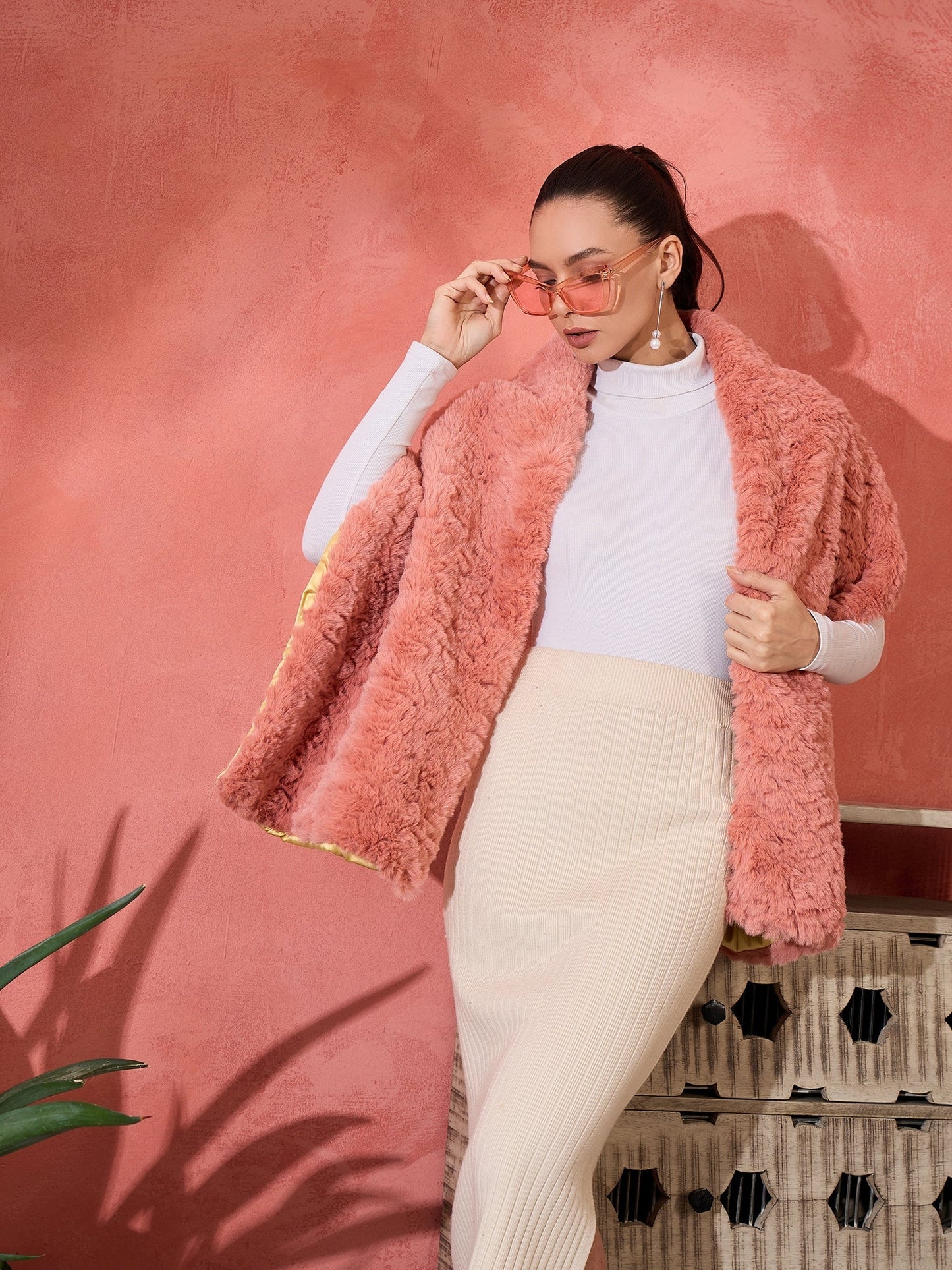 InWeave Coral Rabbit Faux Fur Cape - Swadesiicart