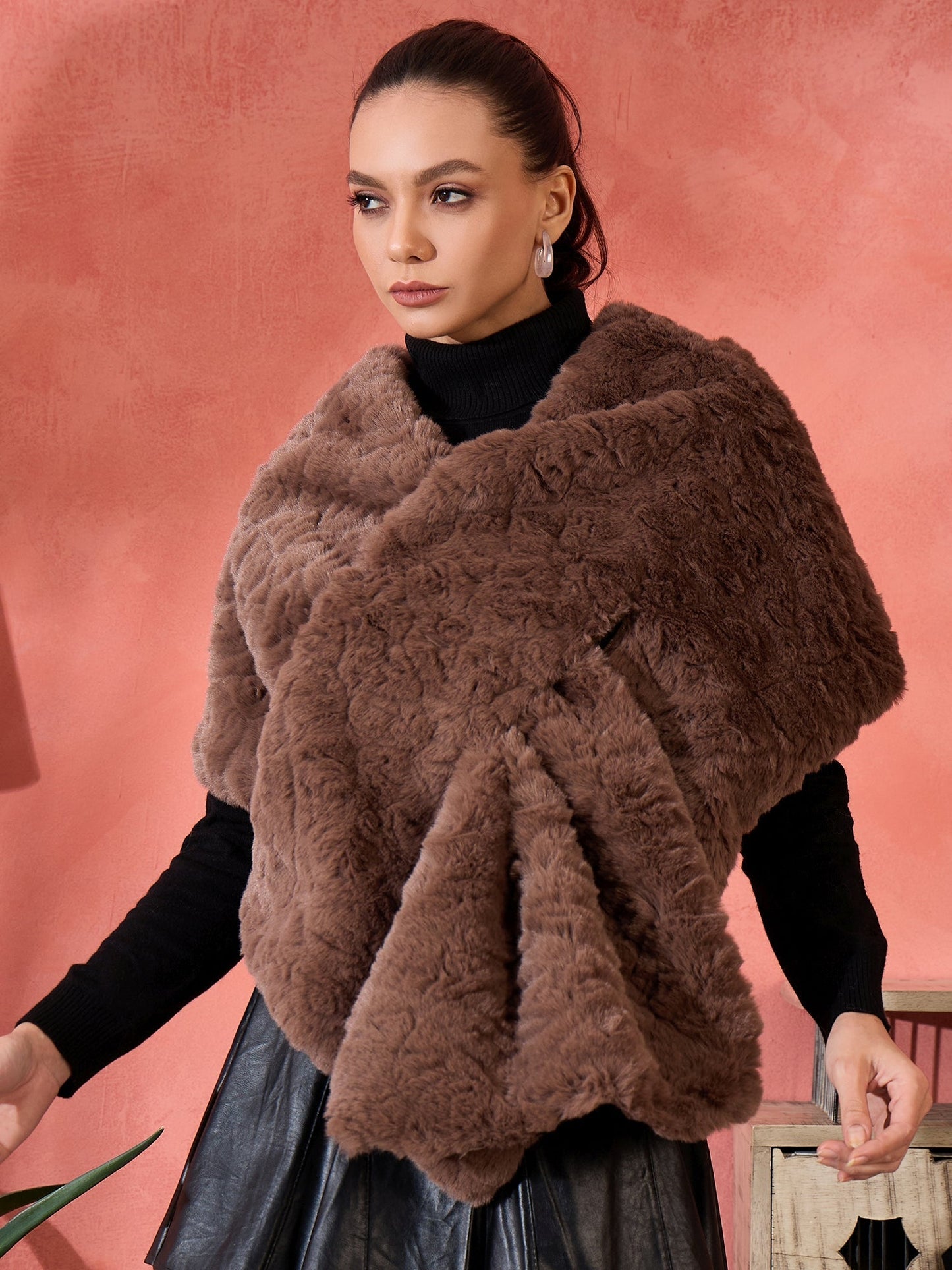 InWeave Dull Brown Rabbit Faux Fur Cape - Swadesiicart