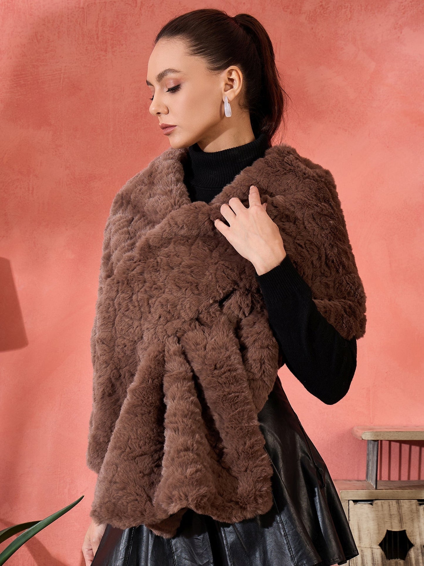 InWeave Dull Brown Rabbit Faux Fur Cape - Swadesiicart