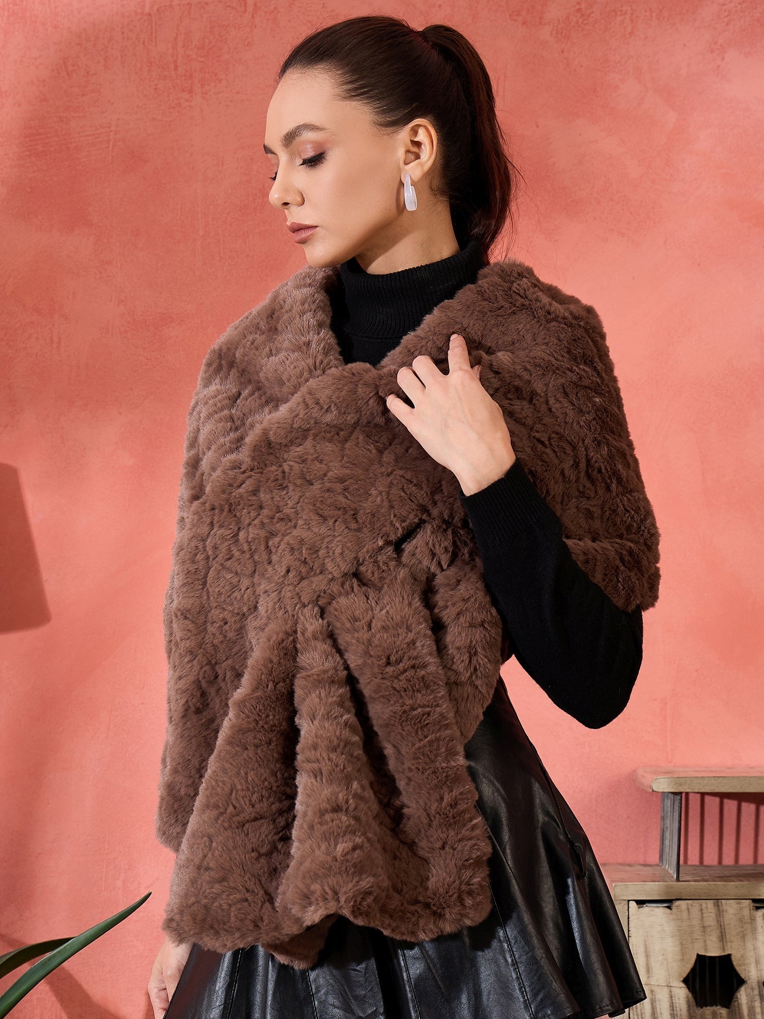 InWeave Dull Brown Rabbit Faux Fur Cape - Swadesiicart