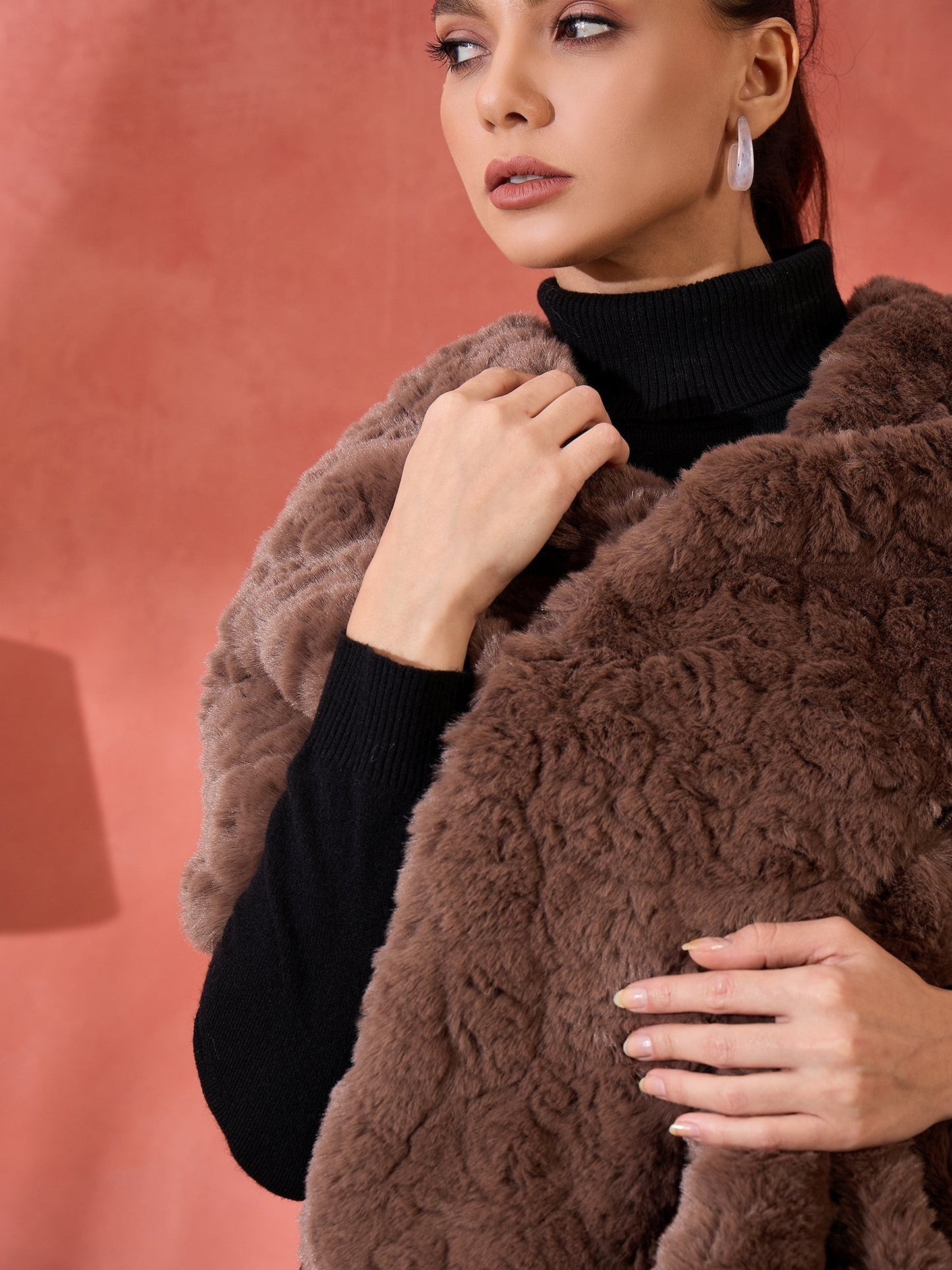 InWeave Dull Brown Rabbit Faux Fur Cape - Swadesiicart