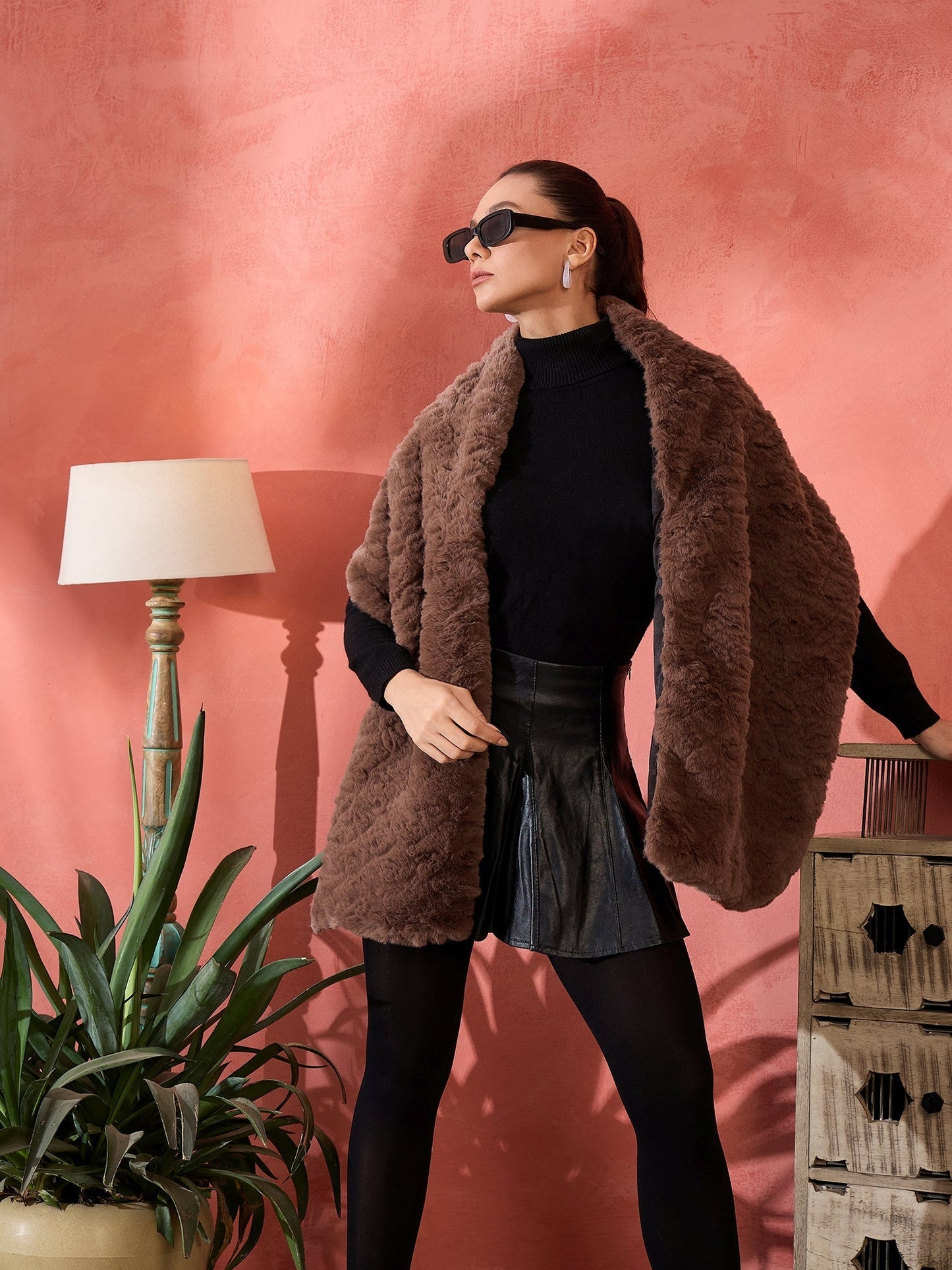 InWeave Dull Brown Rabbit Faux Fur Cape - Swadesiicart
