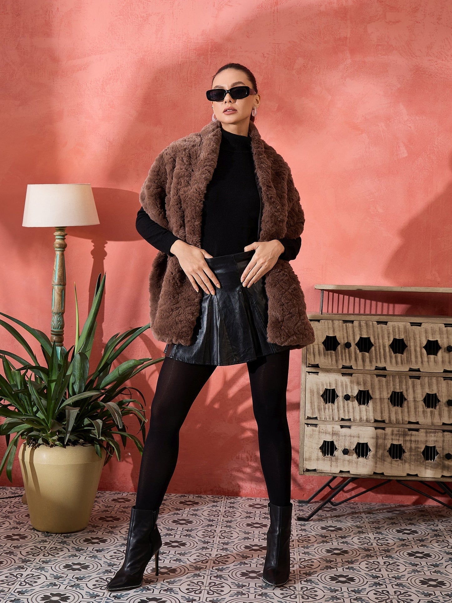 InWeave Dull Brown Rabbit Faux Fur Cape - Swadesiicart
