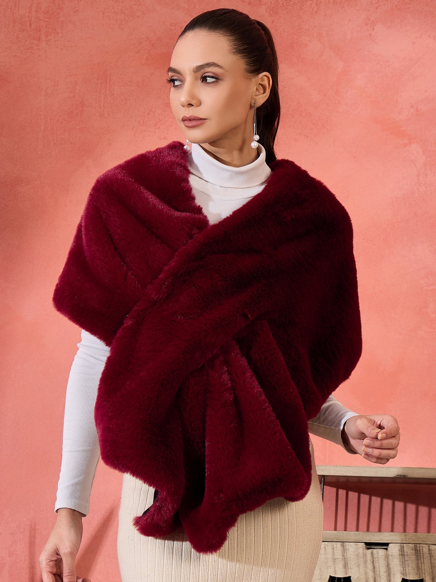 InWeave Burgundy Faux Fur Cape - Swadesiicart
