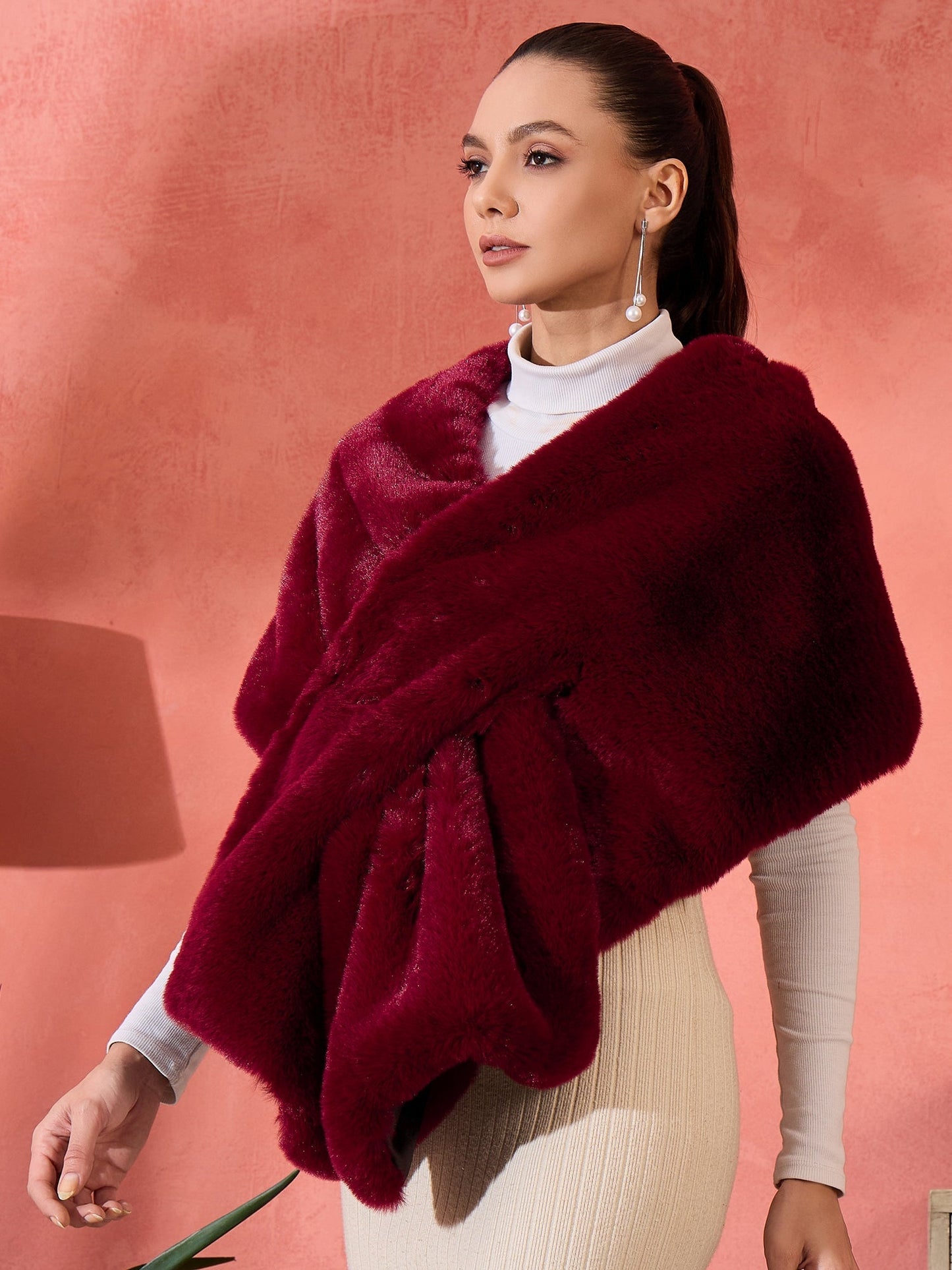 InWeave Burgundy Faux Fur Cape - Swadesiicart