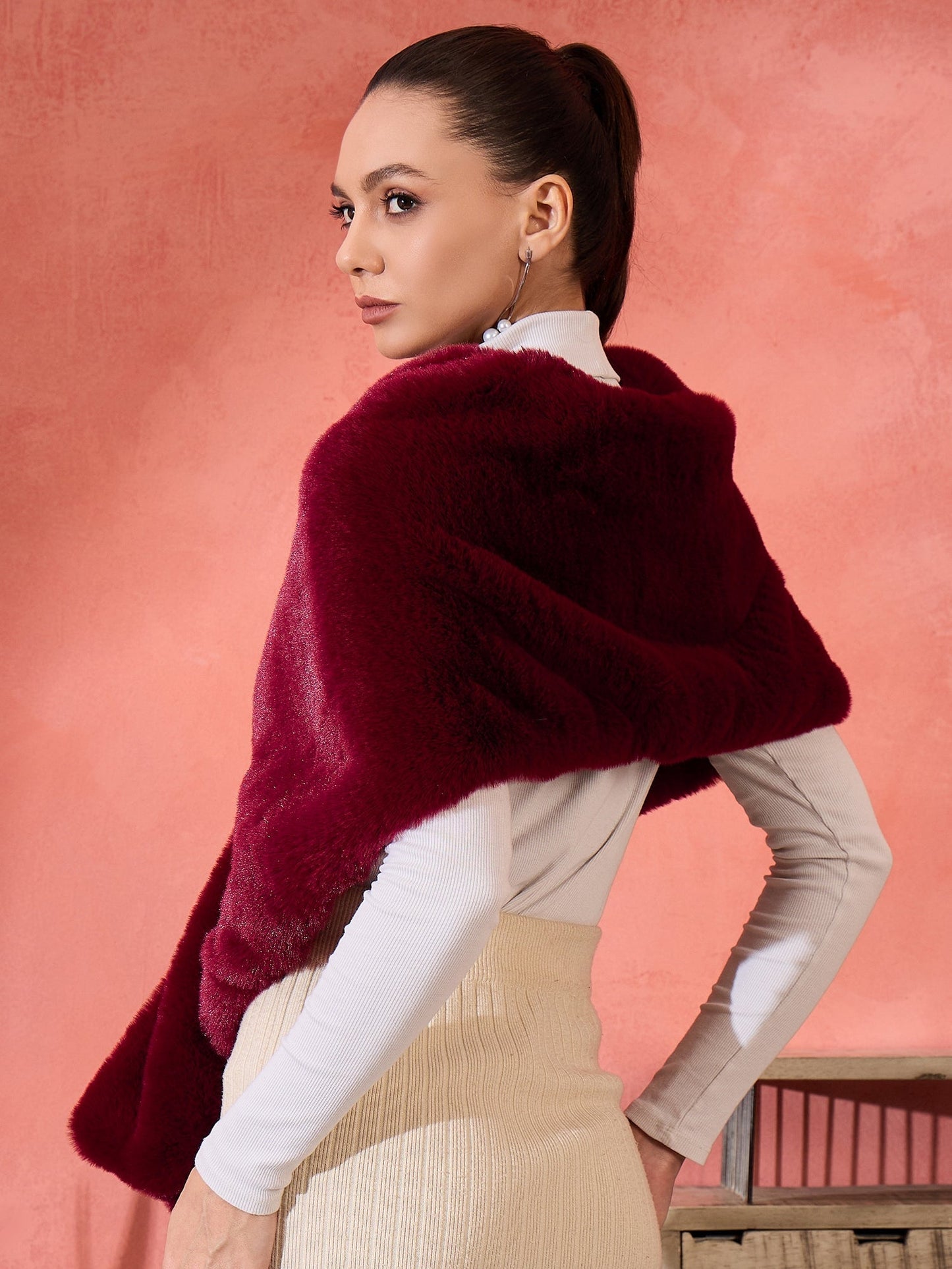 InWeave Burgundy Faux Fur Cape - Swadesiicart