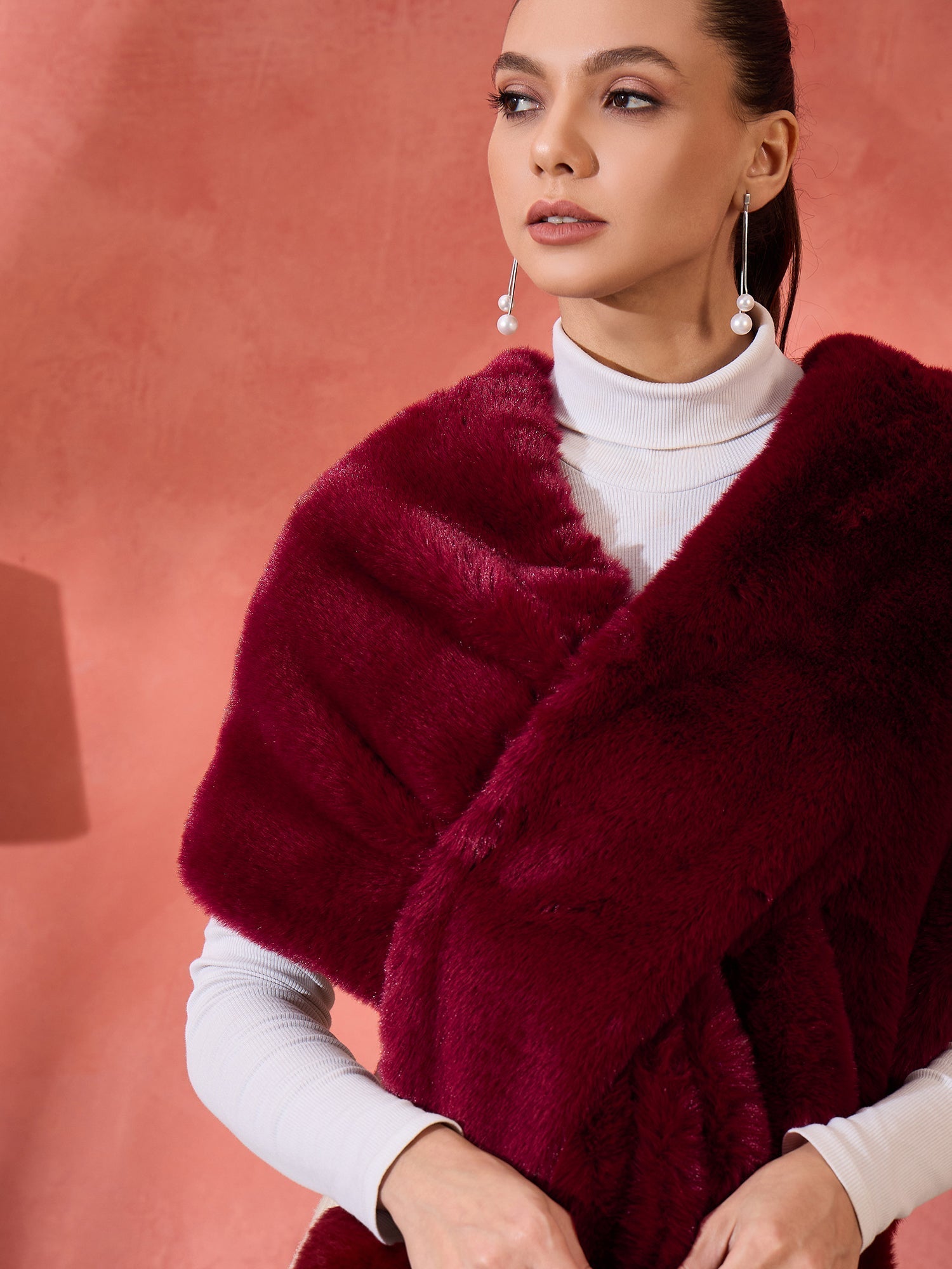 InWeave Burgundy Faux Fur Cape - Swadesiicart