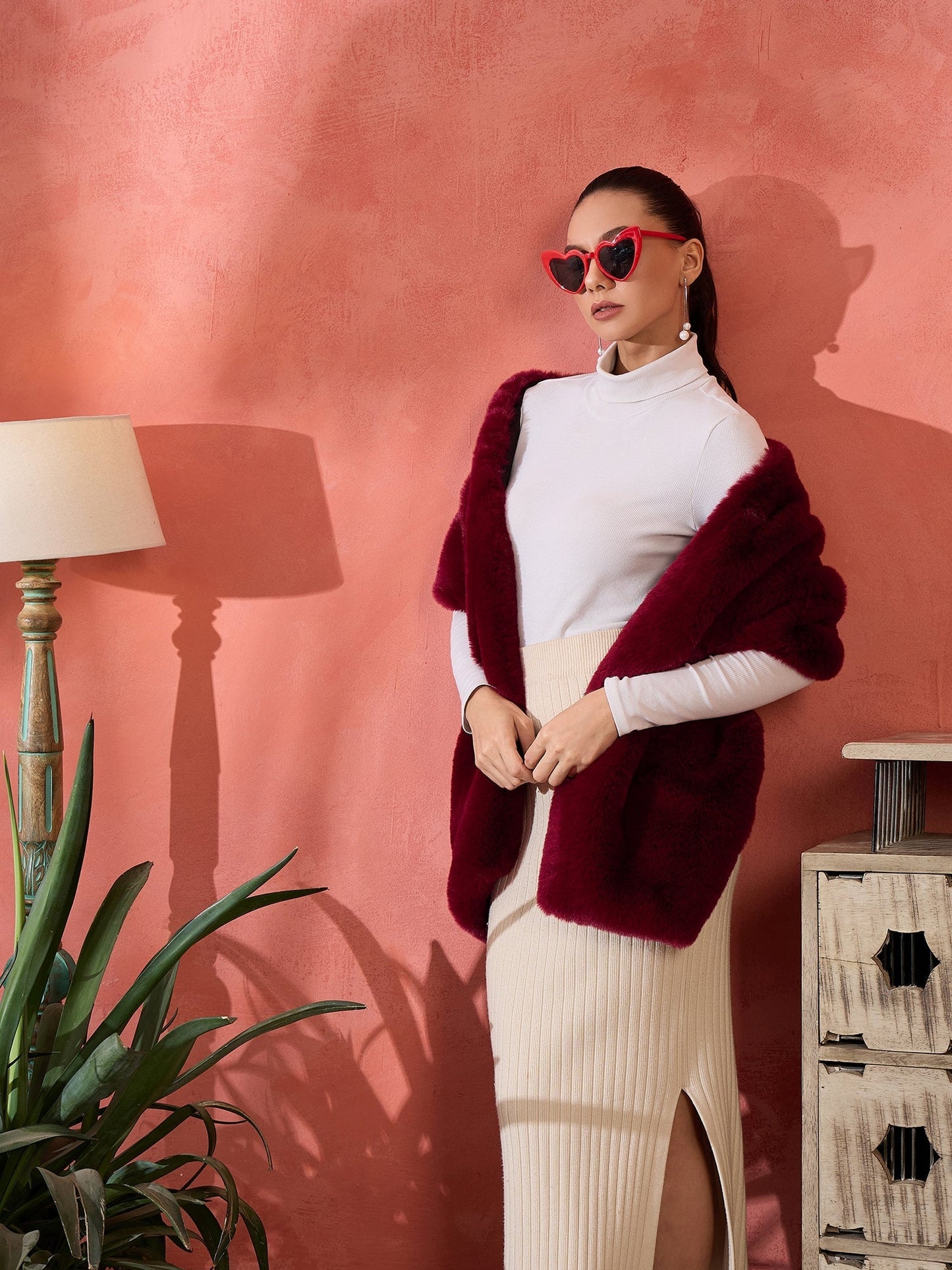 InWeave Burgundy Faux Fur Cape - Swadesiicart