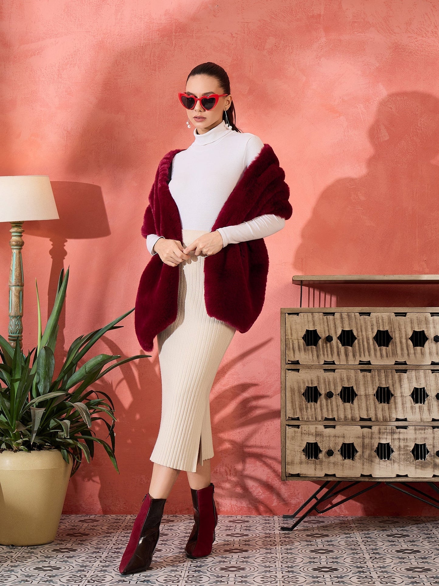InWeave Burgundy Faux Fur Cape - Swadesiicart
