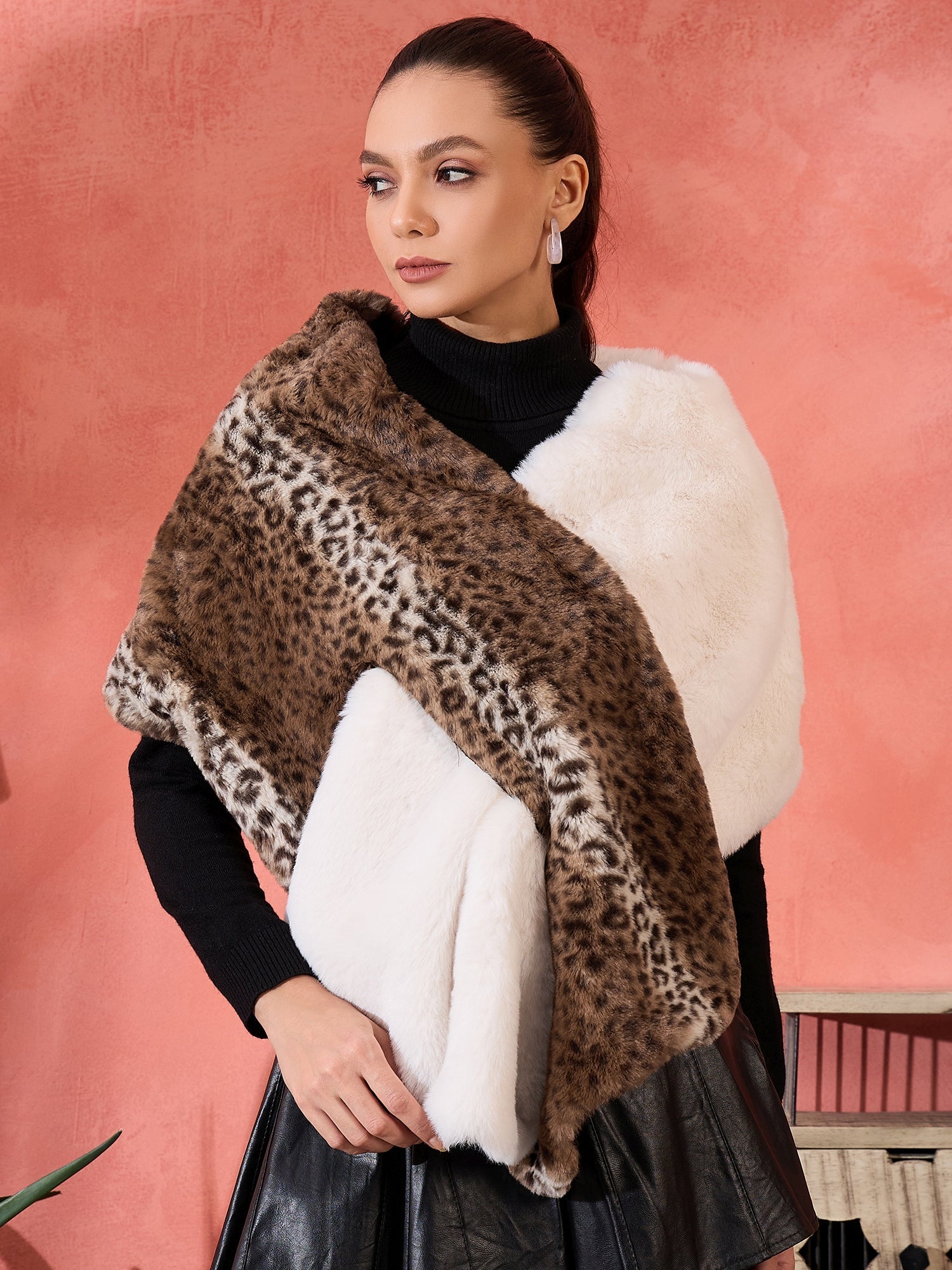 InWeave Brown Leopard Half White Rabbit Faux Fur Cape - Swadesiicart