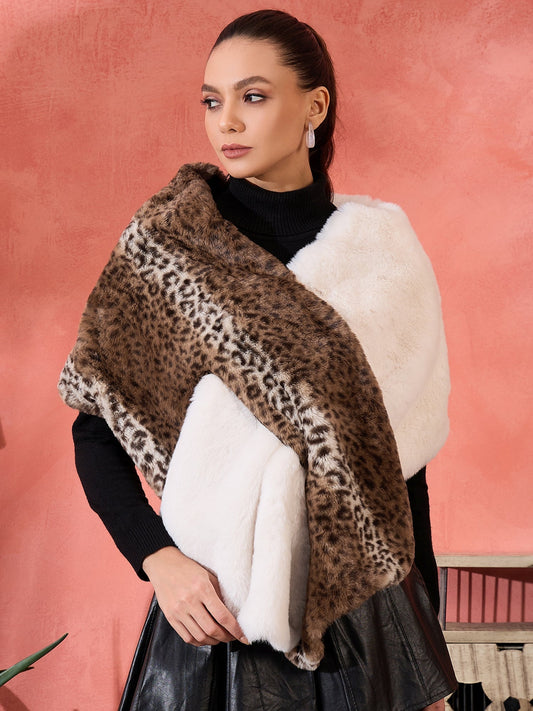 InWeave Brown Leopard Half White Rabbit Faux Fur Cape - Swadesiicart