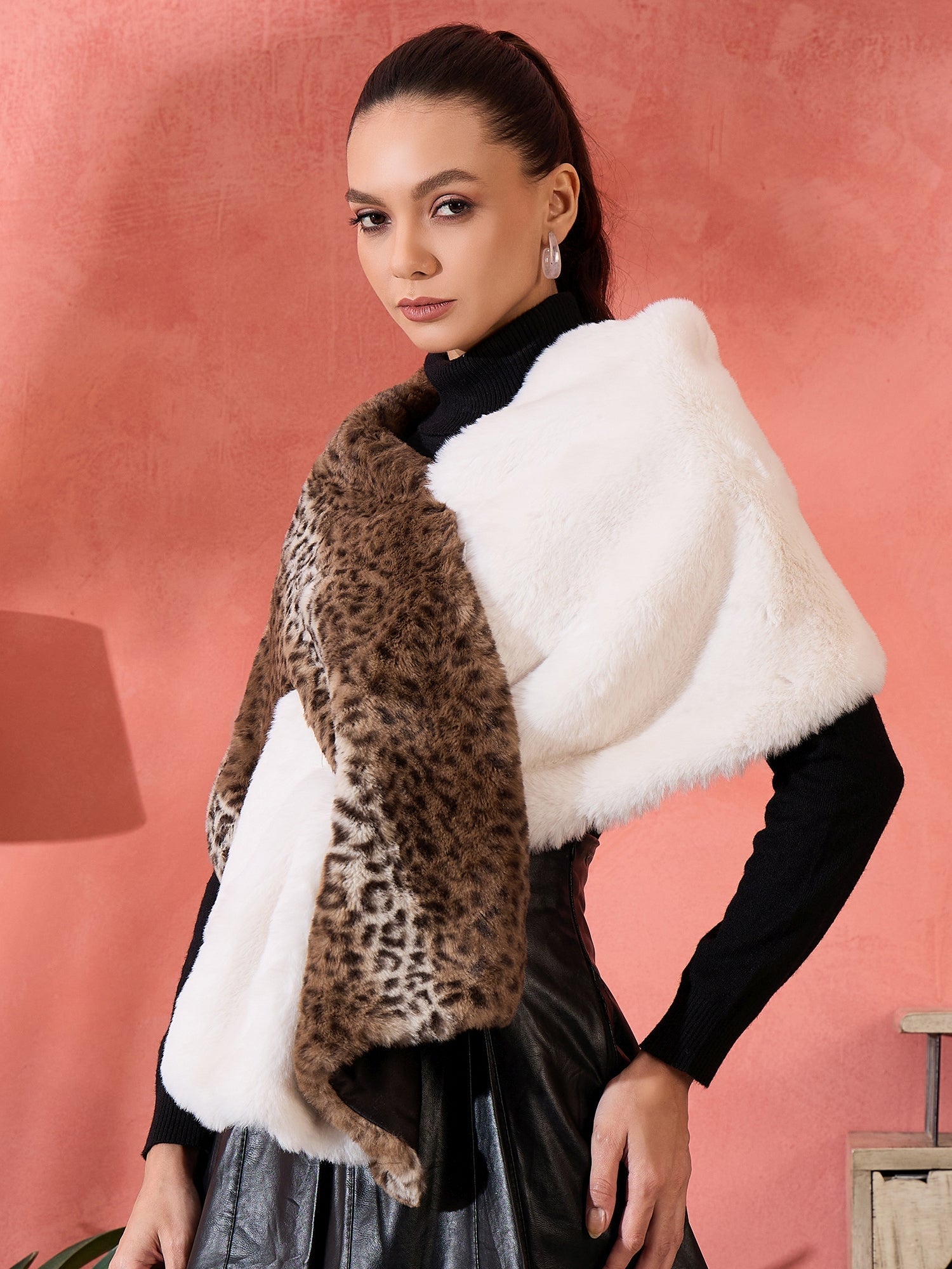 InWeave Brown Leopard Half White Rabbit Faux Fur Cape - Swadesiicart