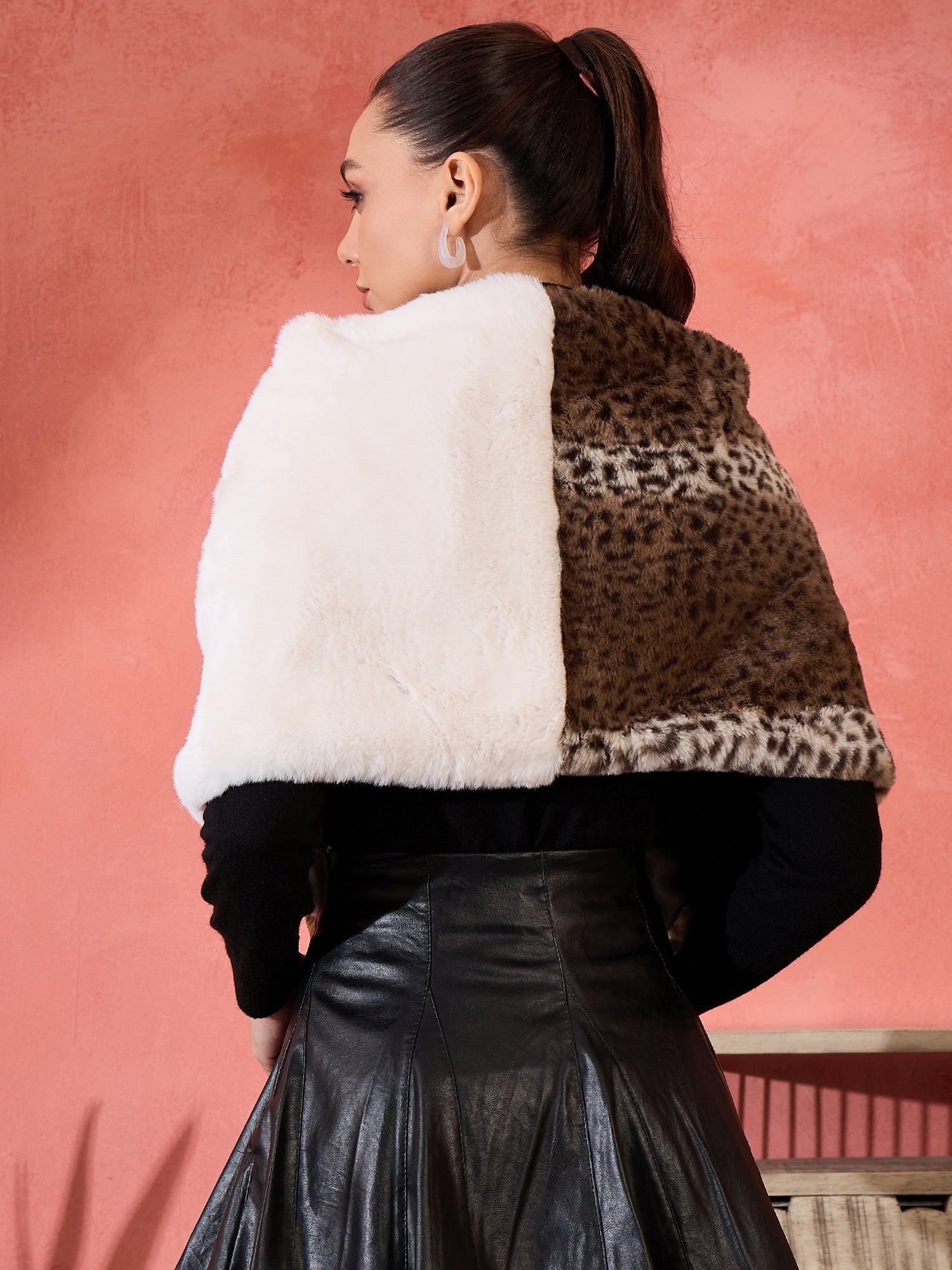 InWeave Brown Leopard Half White Rabbit Faux Fur Cape - Swadesiicart