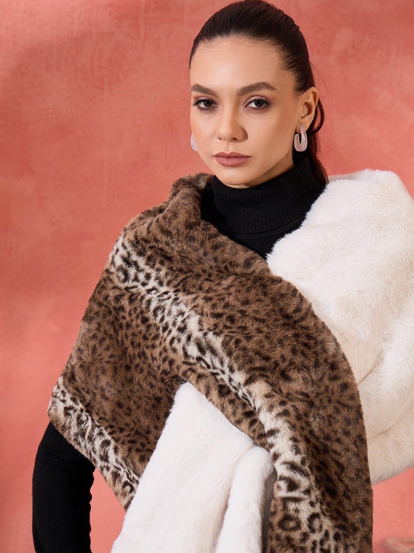 InWeave Brown Leopard Half White Rabbit Faux Fur Cape - Swadesiicart