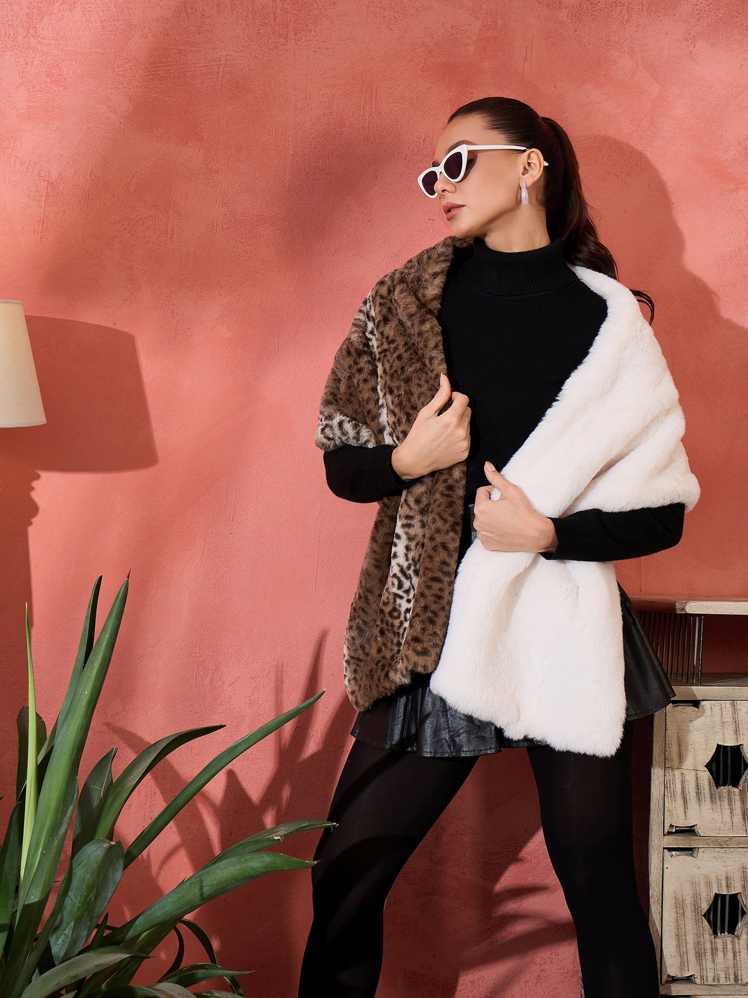 InWeave Brown Leopard Half White Rabbit Faux Fur Cape - Swadesiicart