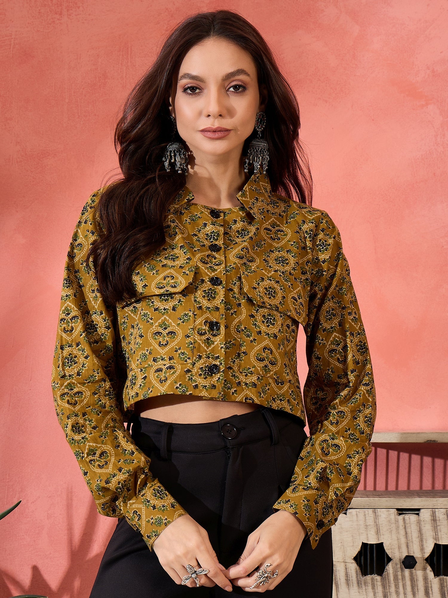 InWeave Dark Yellow Kalamkari Pocket Jacket - Swadesiicart