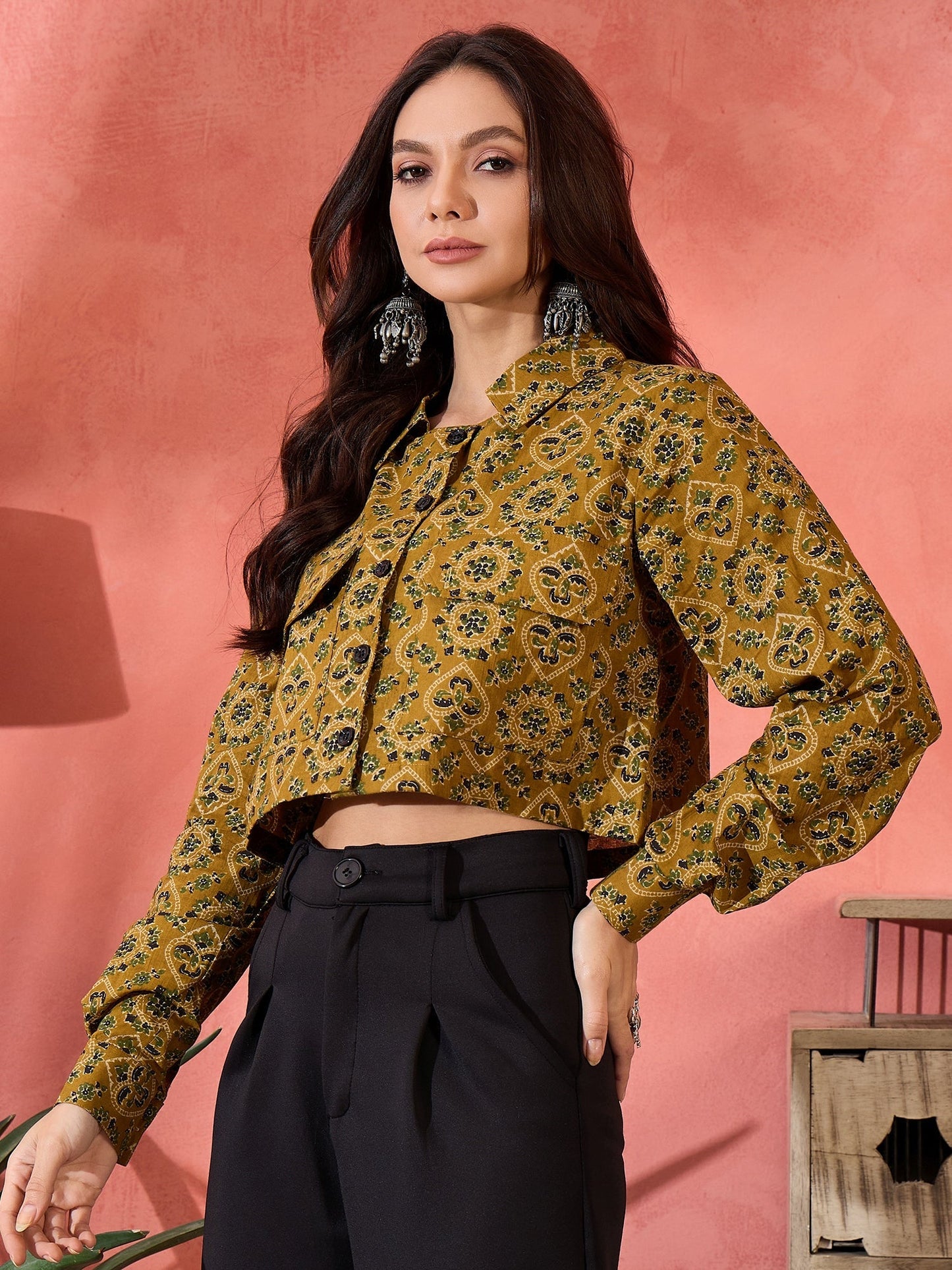 InWeave Dark Yellow Kalamkari Pocket Jacket - Swadesiicart
