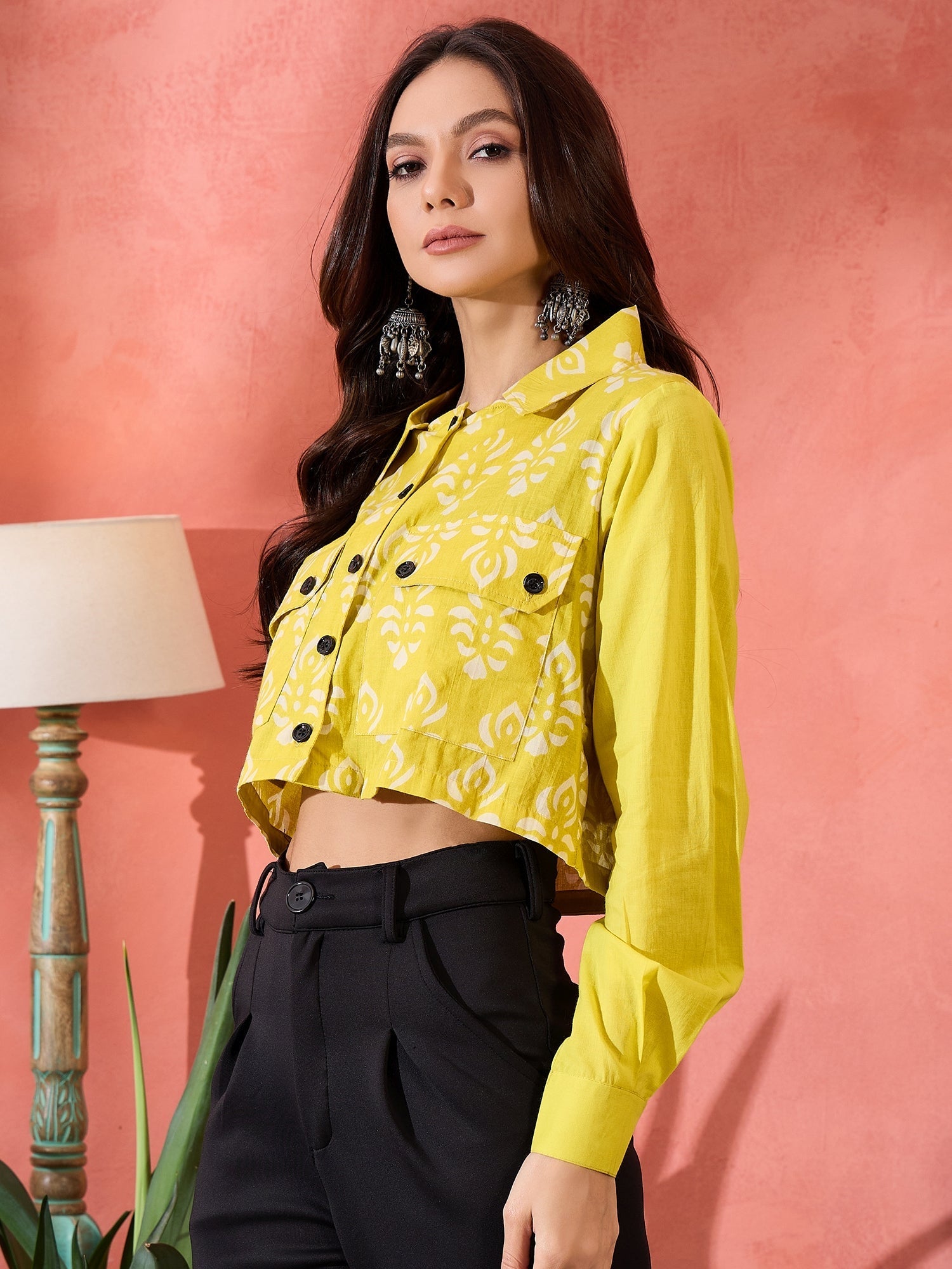 InWeave Lemon Yellow Block Print Pocket Jacket - Swadesiicart