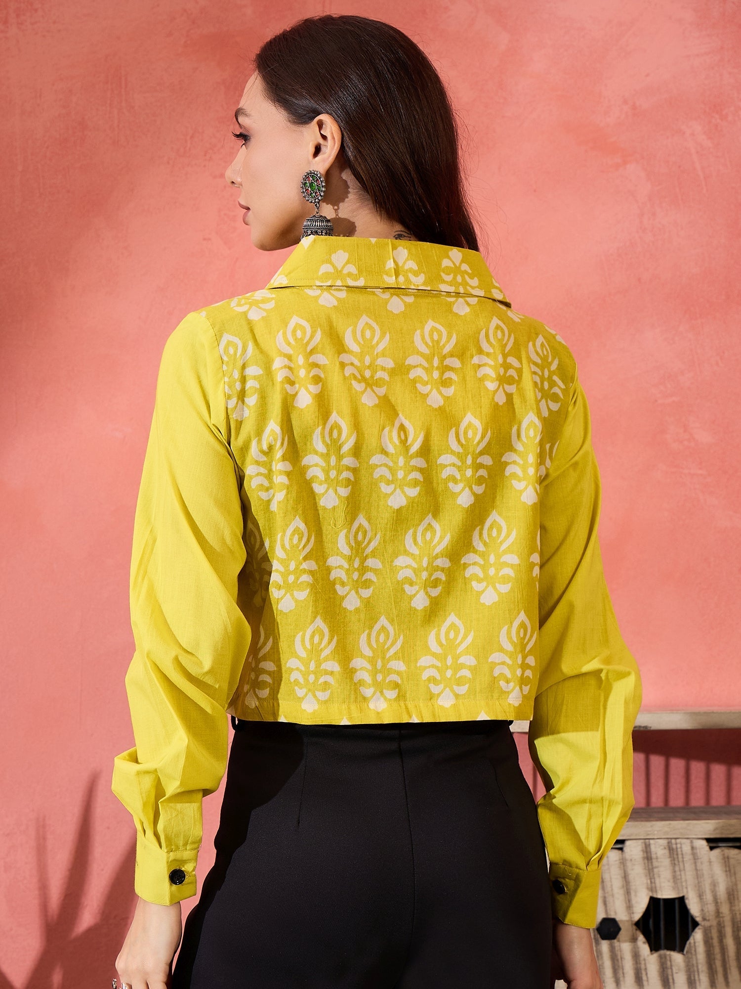 InWeave Lemon Yellow Block Print Pocket Jacket - Swadesiicart