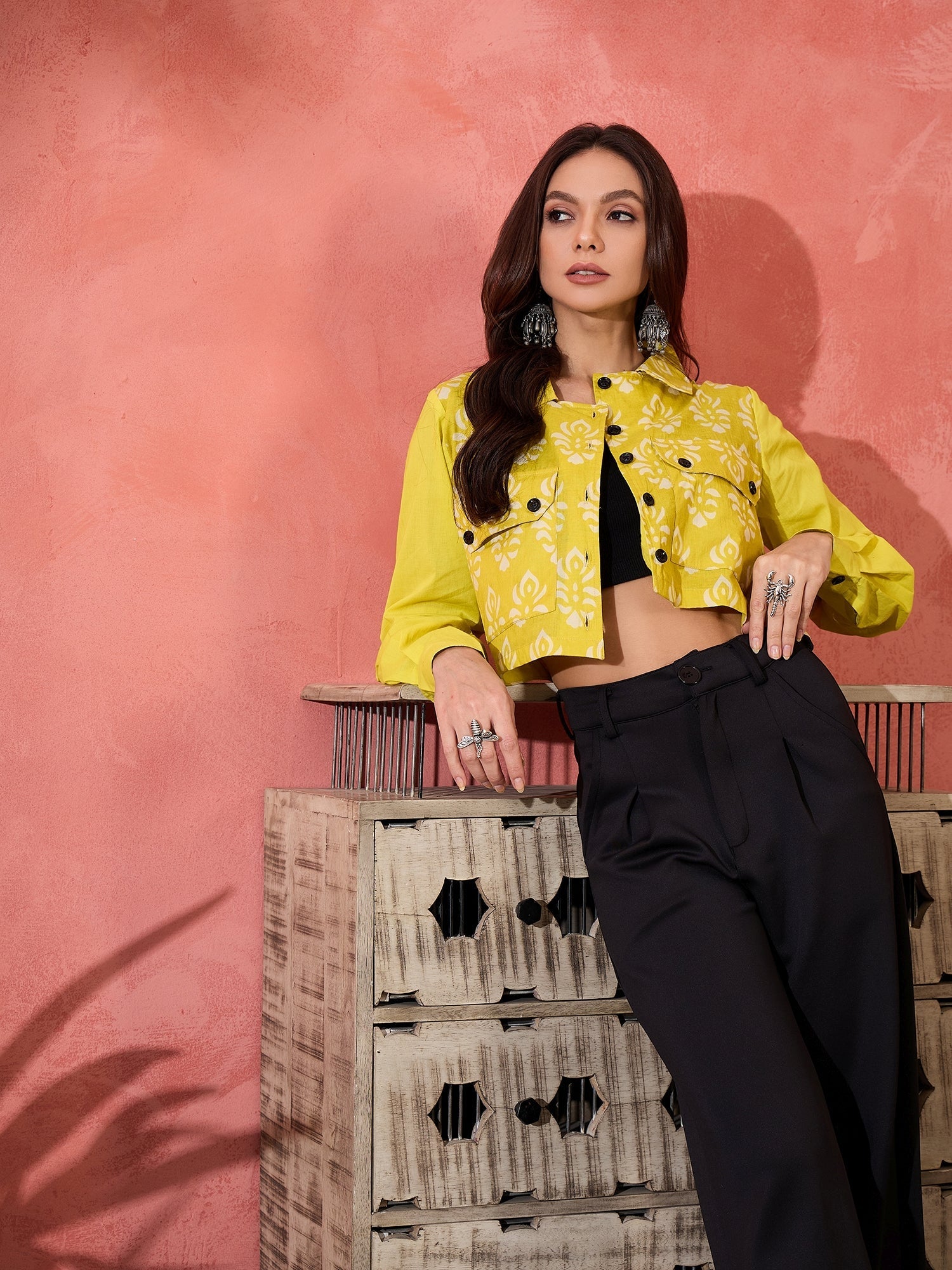 InWeave Lemon Yellow Block Print Pocket Jacket - Swadesiicart