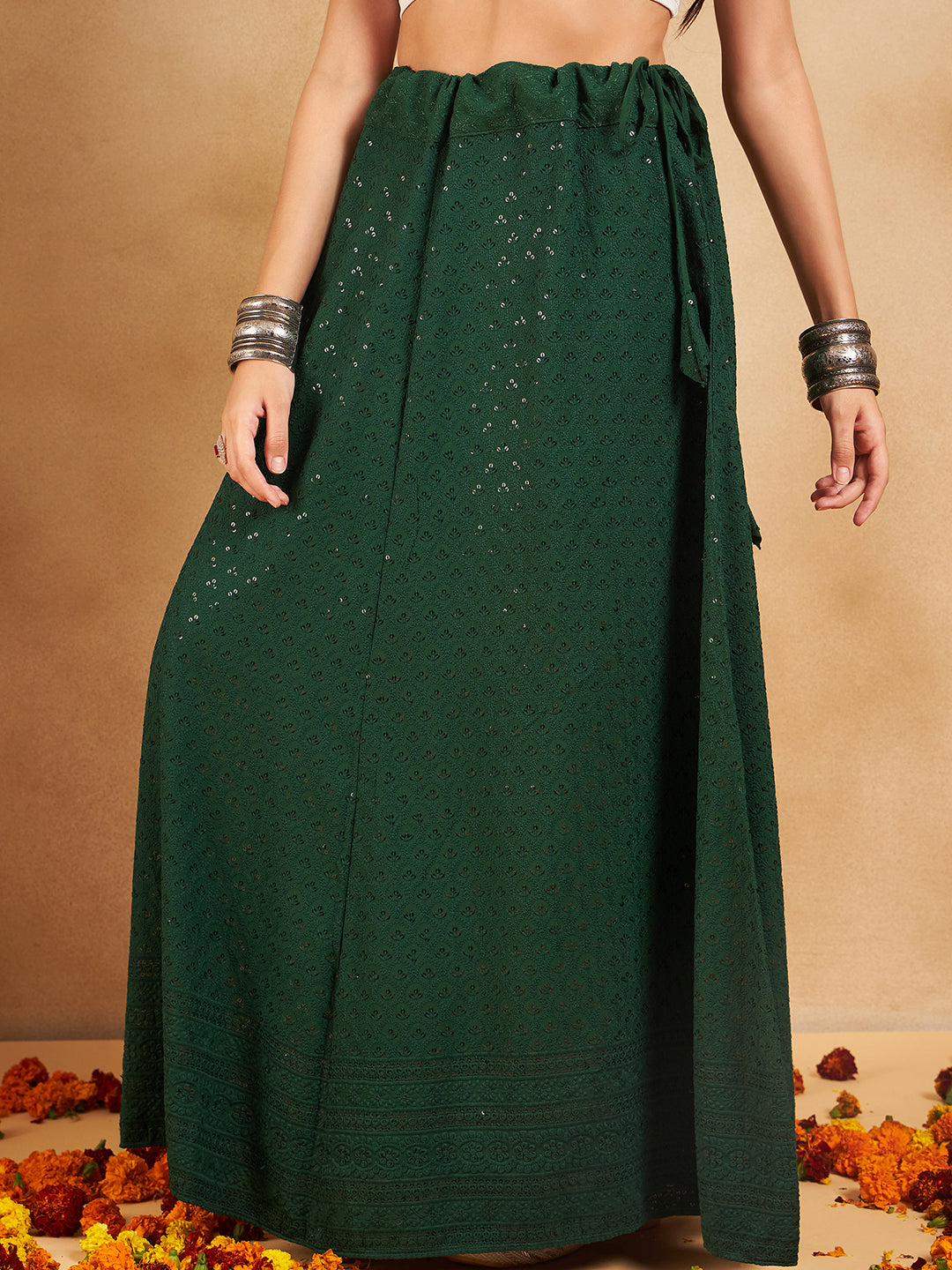 InWeave Green Chikankari Skirt - Swadesiicart