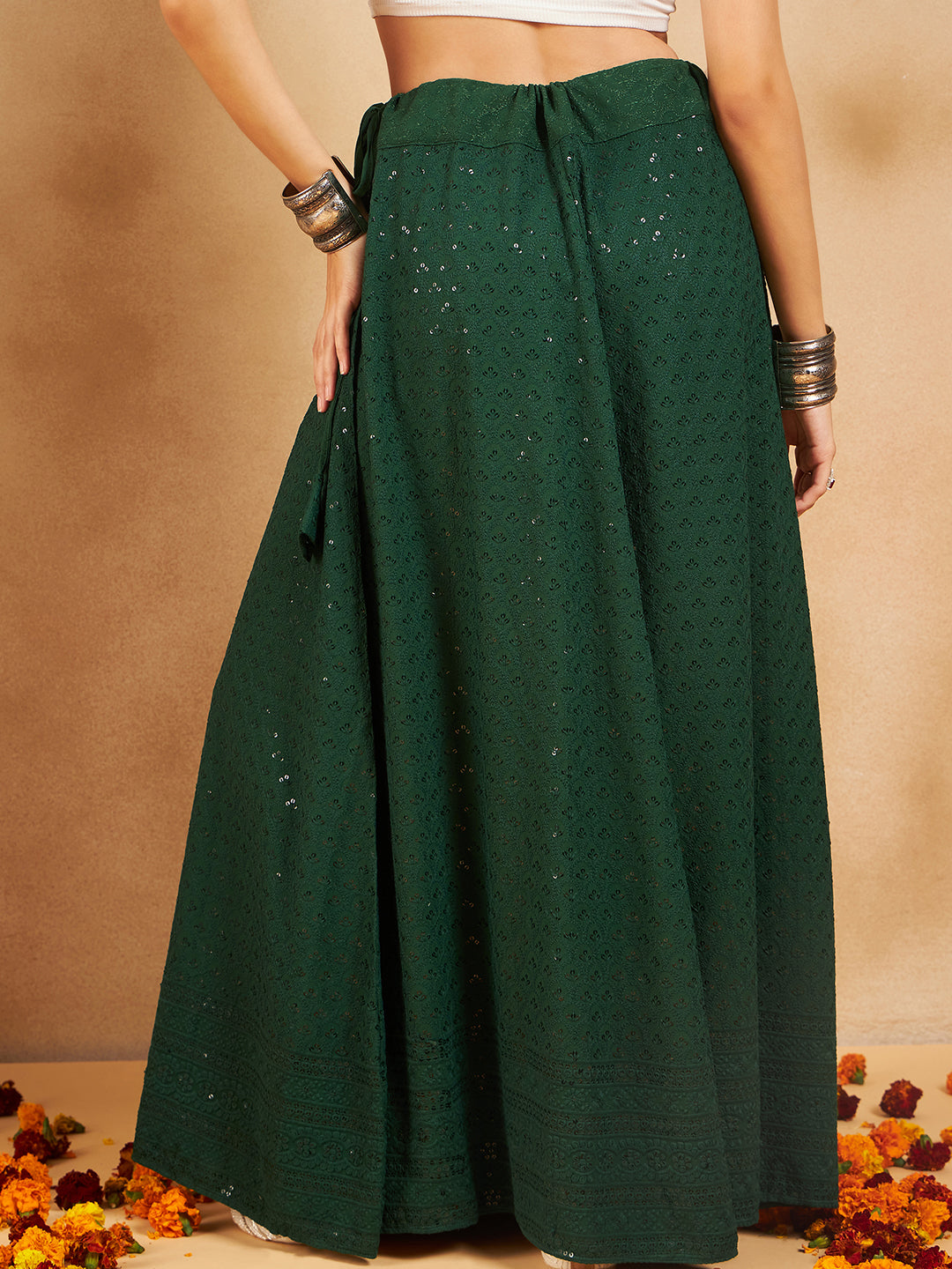 InWeave Green Chikankari Skirt - Swadesiicart