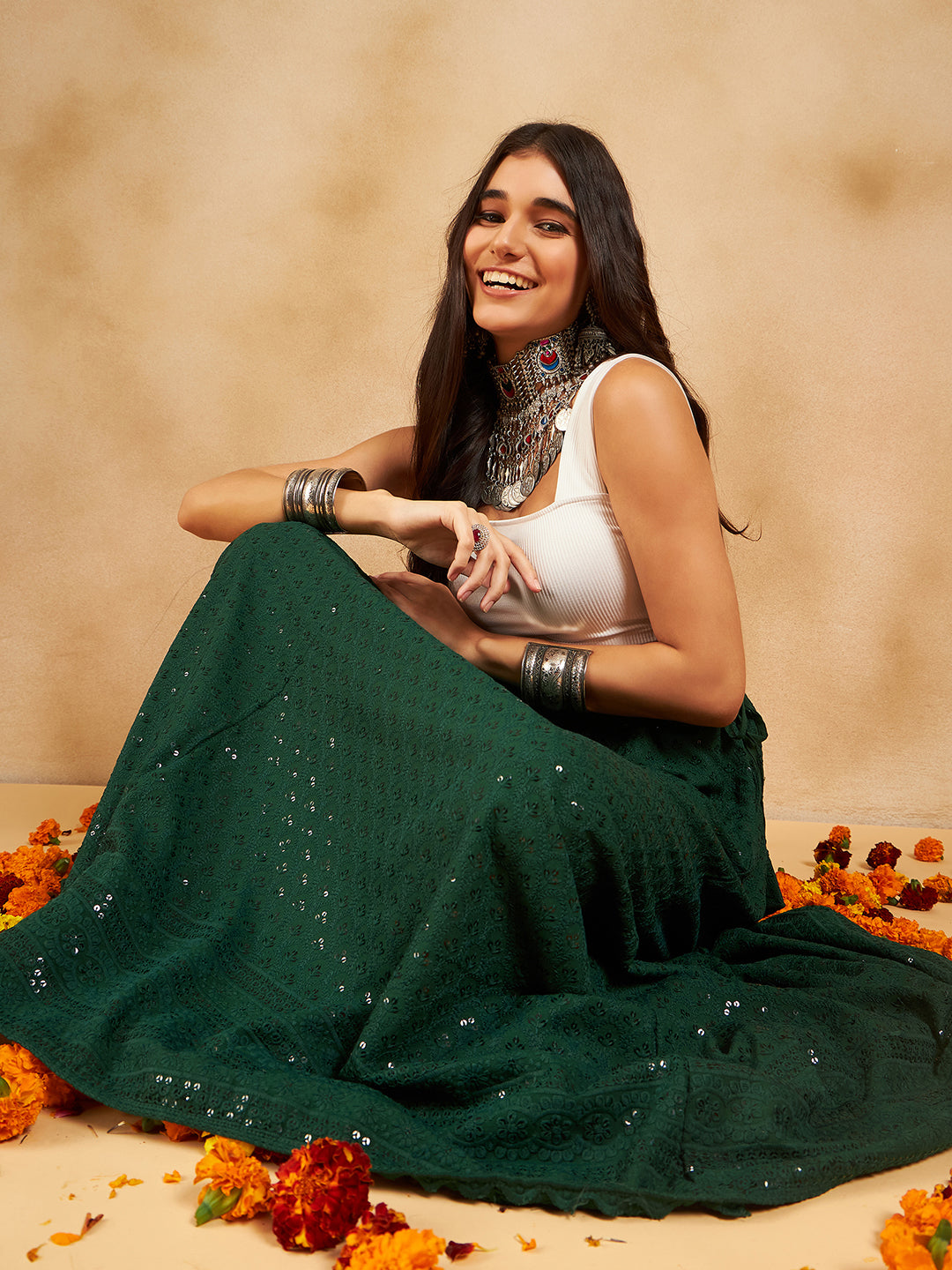 InWeave Green Chikankari Skirt - Swadesiicart