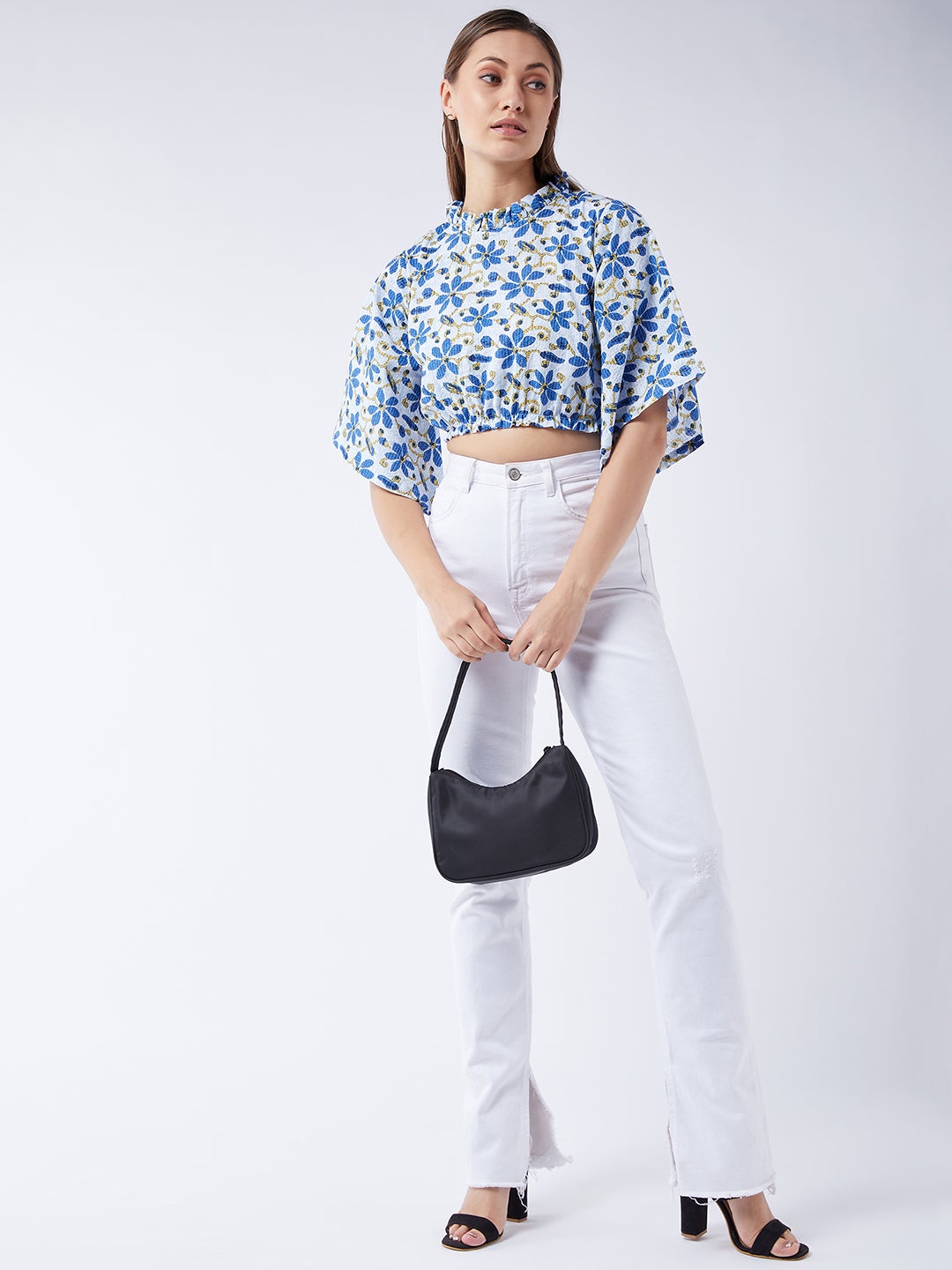 InWeave Cerulean Blue Bell Sleeves Crop Top - Swadesiicart