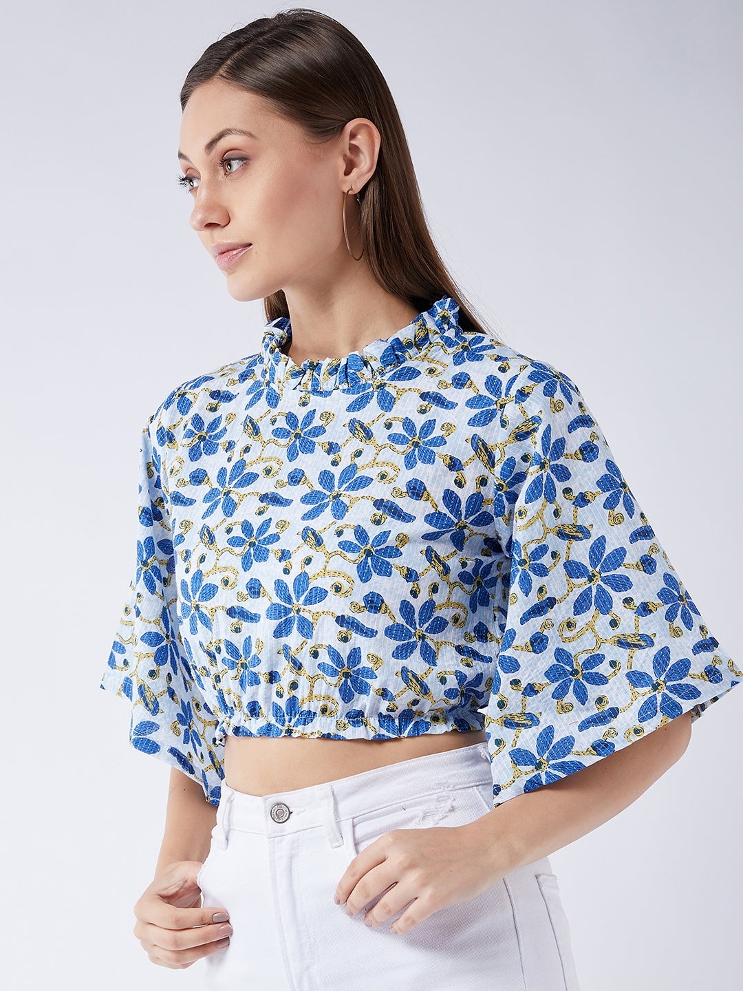 InWeave Cerulean Blue Bell Sleeves Crop Top - Swadesiicart