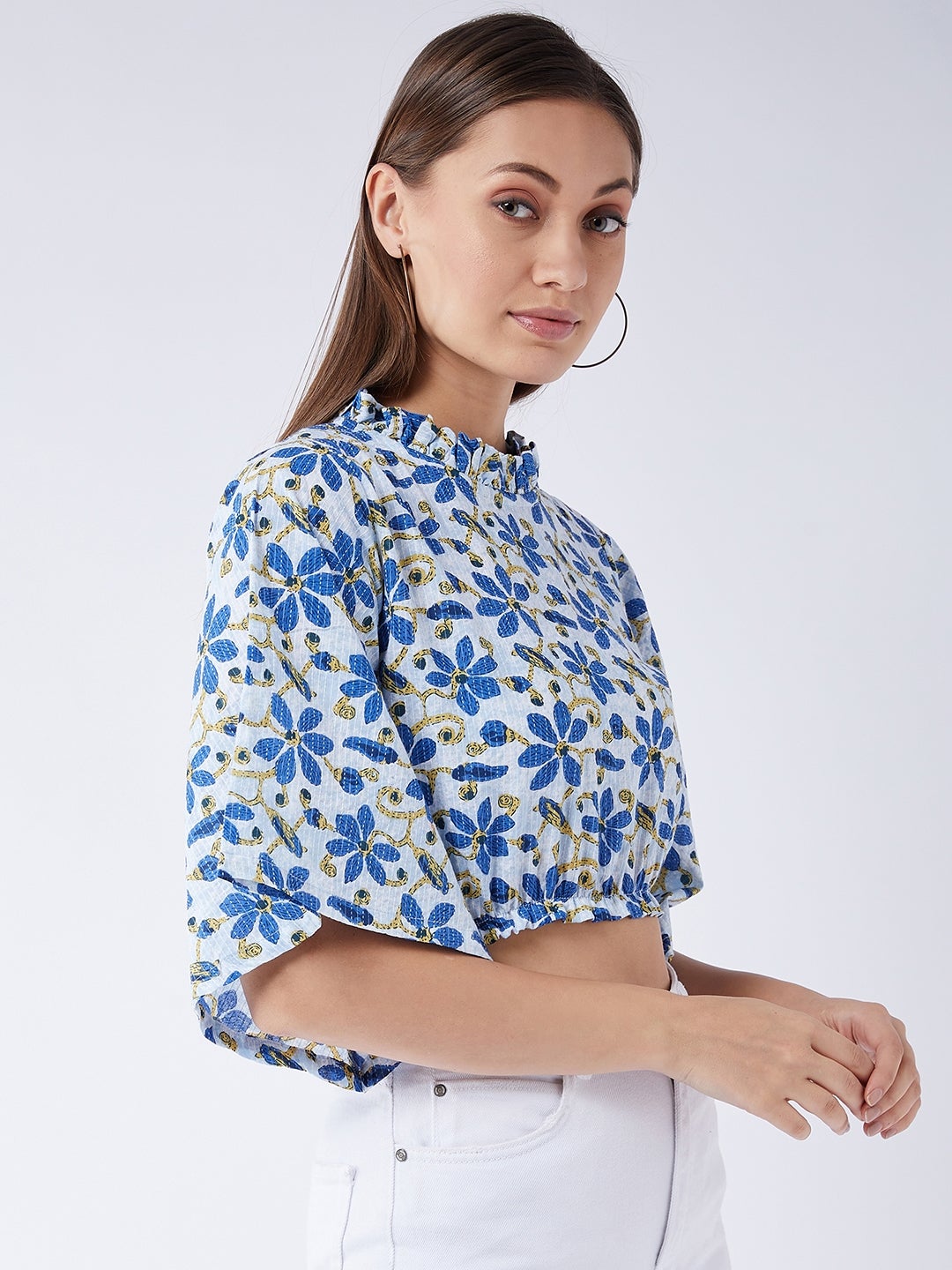InWeave Cerulean Blue Bell Sleeves Crop Top - Swadesiicart